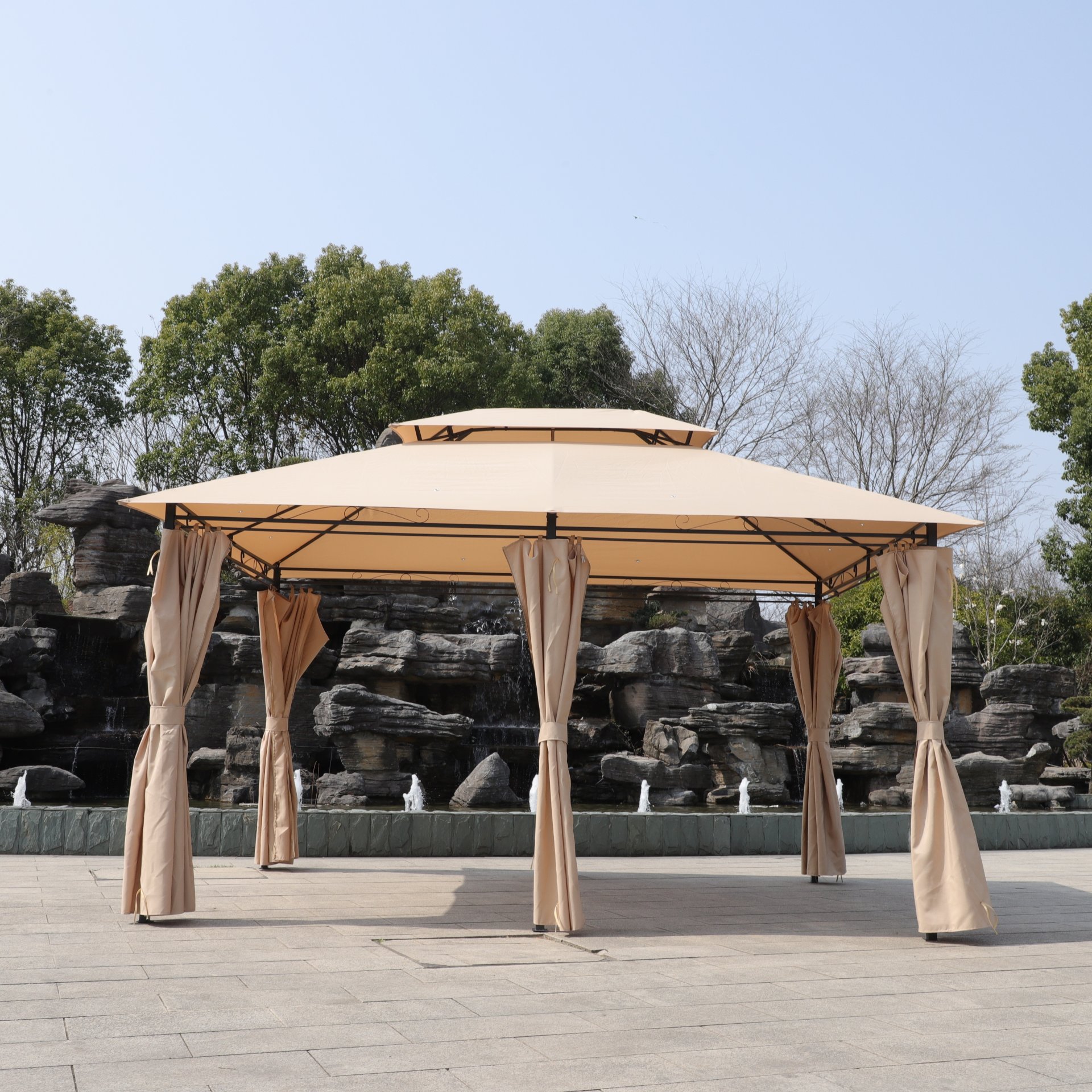 Outdoor Patio Gazebo Canopy Tent With Ventilated Double Roof And Mosquito Net, 13X10 Ft - Khaki - Image 8