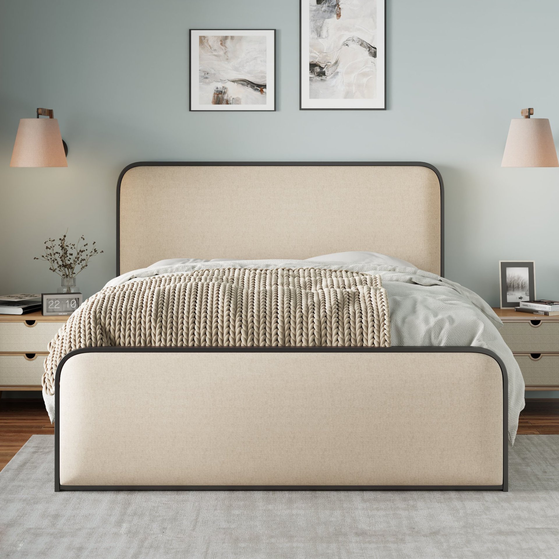 Modern Metal Bed Frame With Curved Upholstered Headboard And Footboard Bed With Under Bed Storage, Heavy Duty Metal Slats, King Size - Beige - Image 3