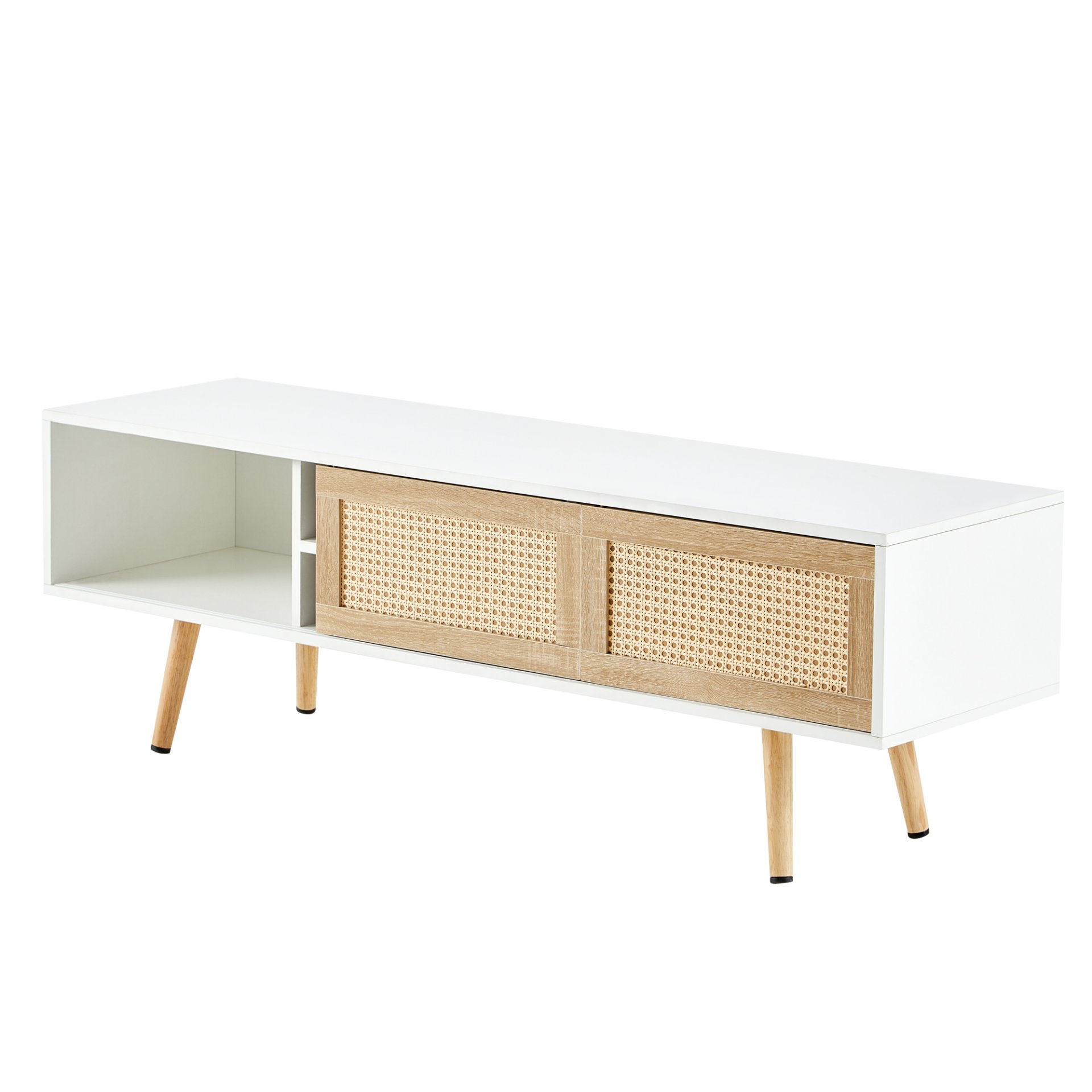 55.12" Rattan TV Cabinet, Double Sliding Doors For Storage, Adjustable Shelf, Solid Wood Legs, TV Console For Living Room - White - Image 7