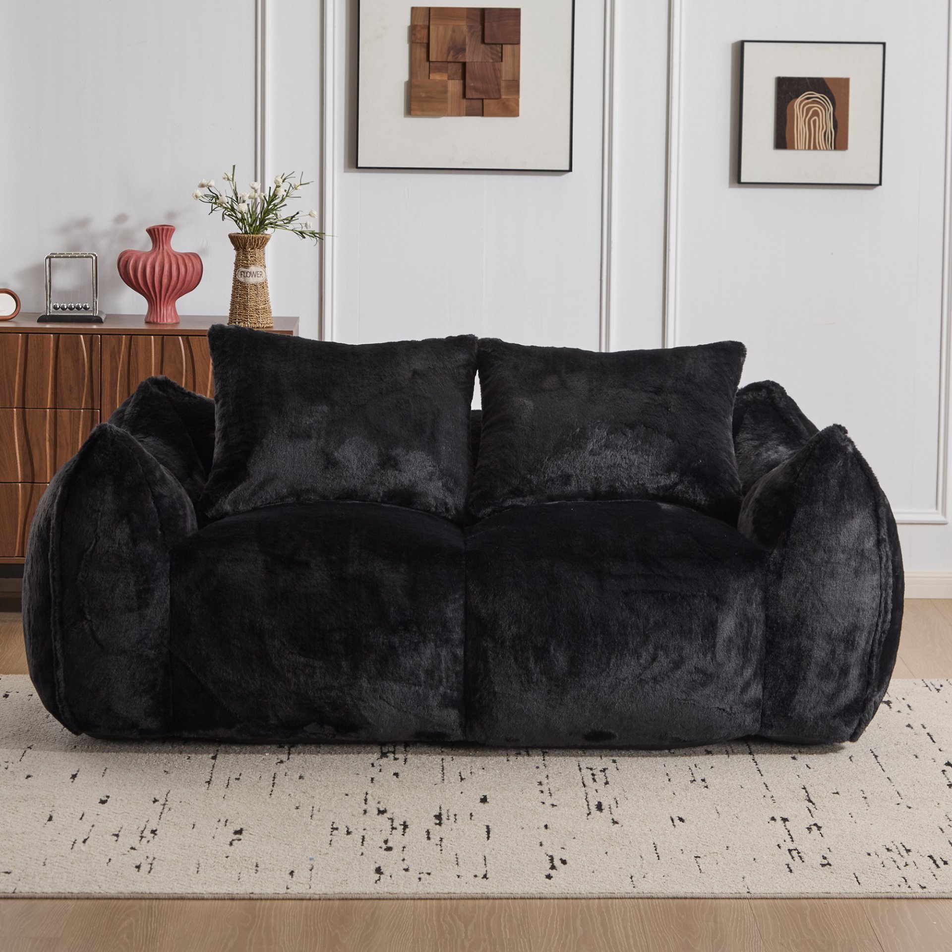Giant Bean Bag Couch, Ultra Soft Fluffy Loveseat For Living Room Reading Chair With Pillows - Black - Image 4
