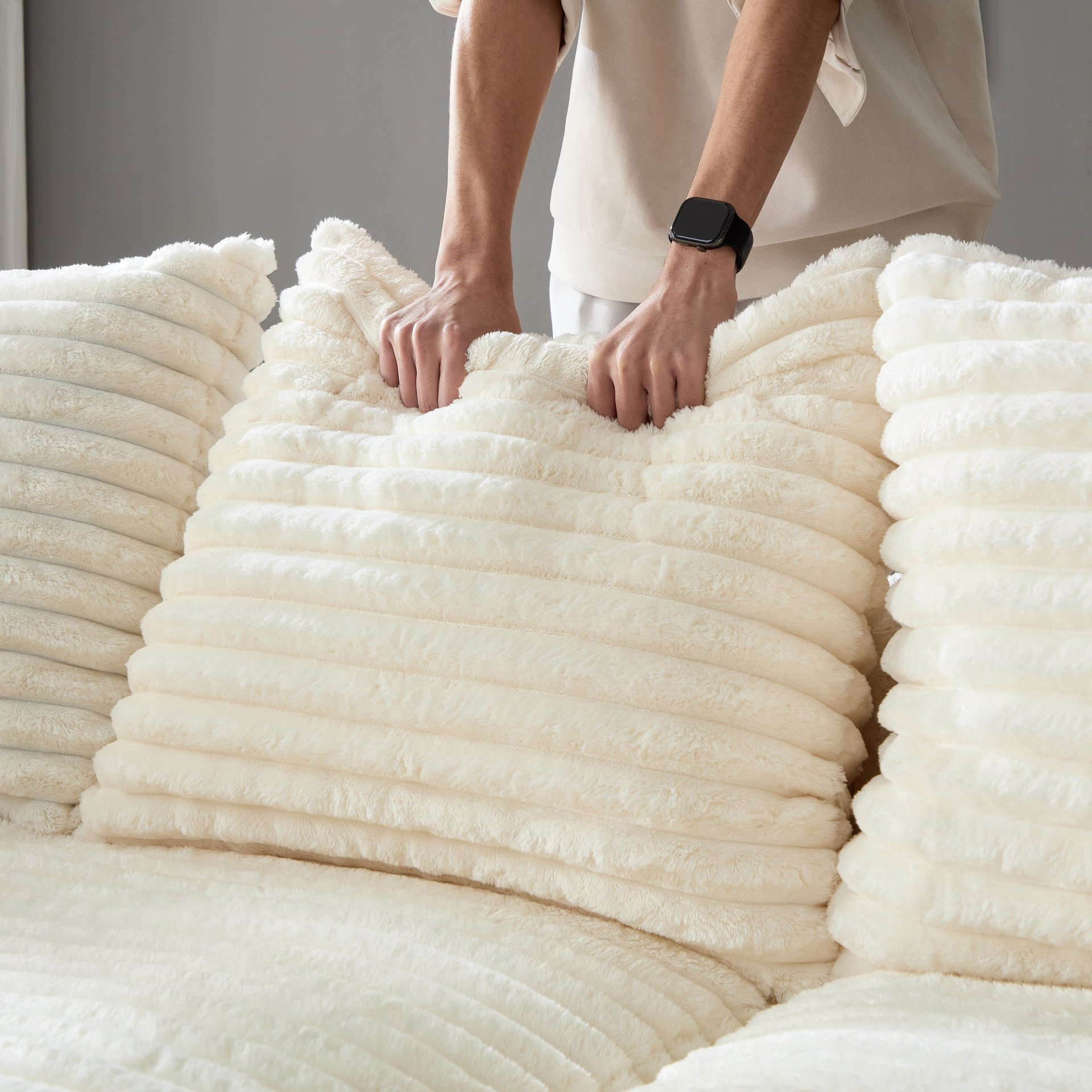 Plush Corduroy 4 Seat Sofa, Modern Comfy Upholstered Sofa Cloud Couch, Deep Seat Couches With Soft Pillows, Convertible Deep Seat Sofa Lounge Chair For Living Room Bedroom, Apartment, Office - Black / Gray - Image 18