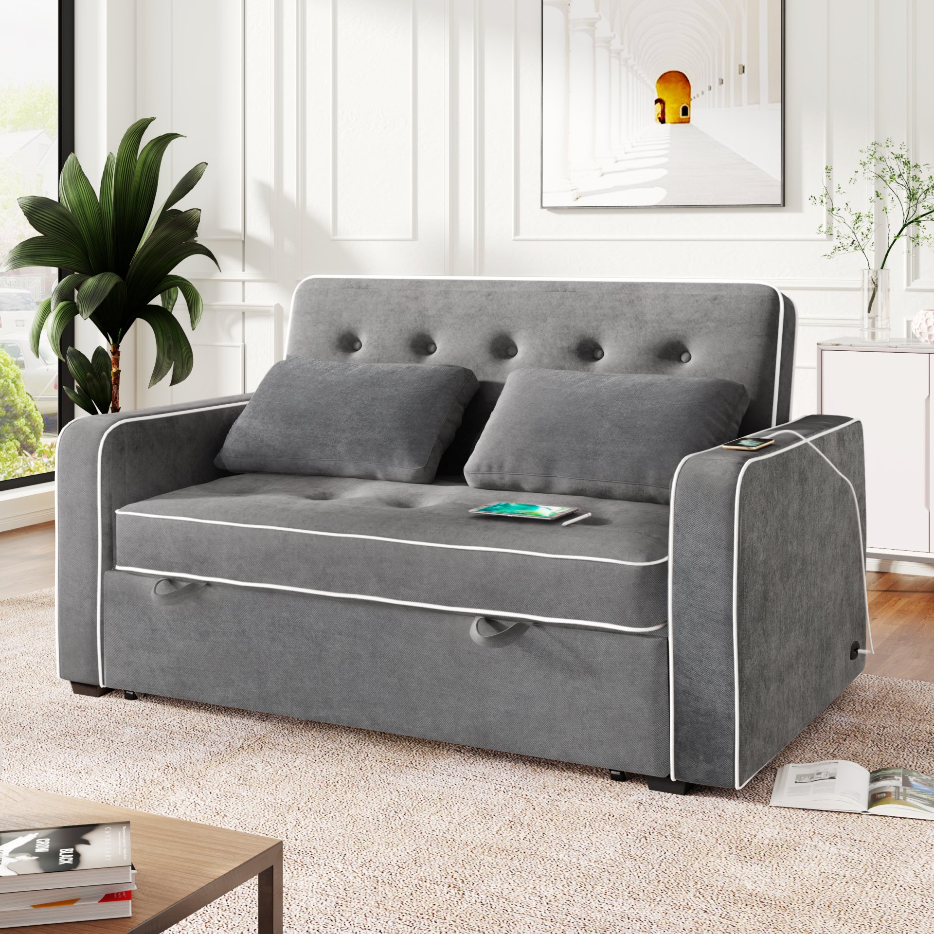 Upholstered Sleeper Bed Sofa With USB Charging, Adjustable Backrest, And Throw Pillows - Charcoal Gray - Image 9
