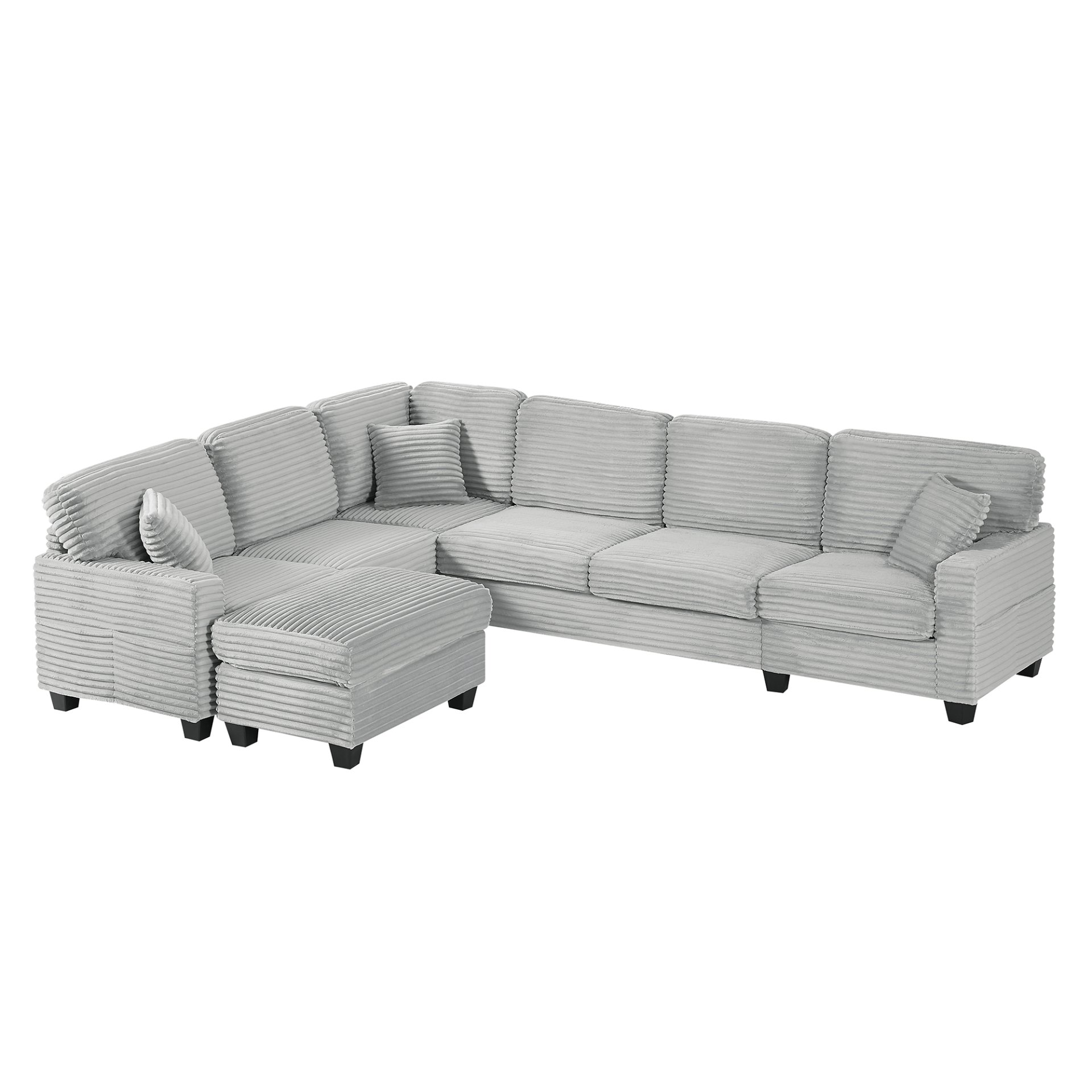Modern U Shaped Sectional Sofa With Movable Ottoman And Side Storage Pockets Corduroy - Gray - Image 15