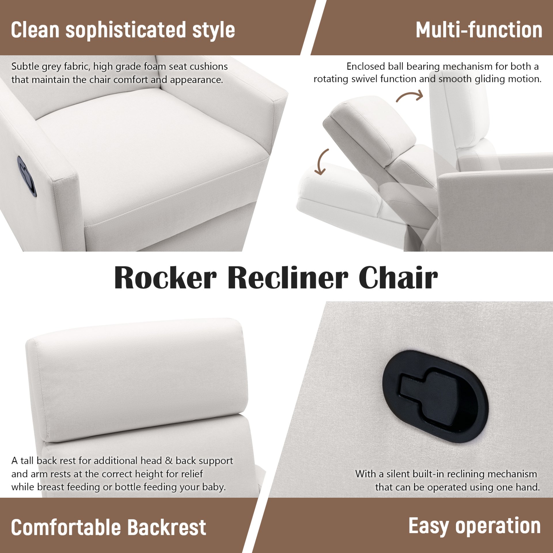 Modern Upholstered Rocker Nursery Chair Plush Seating Glider Swivel Recliner Chair - Beige - Image 4
