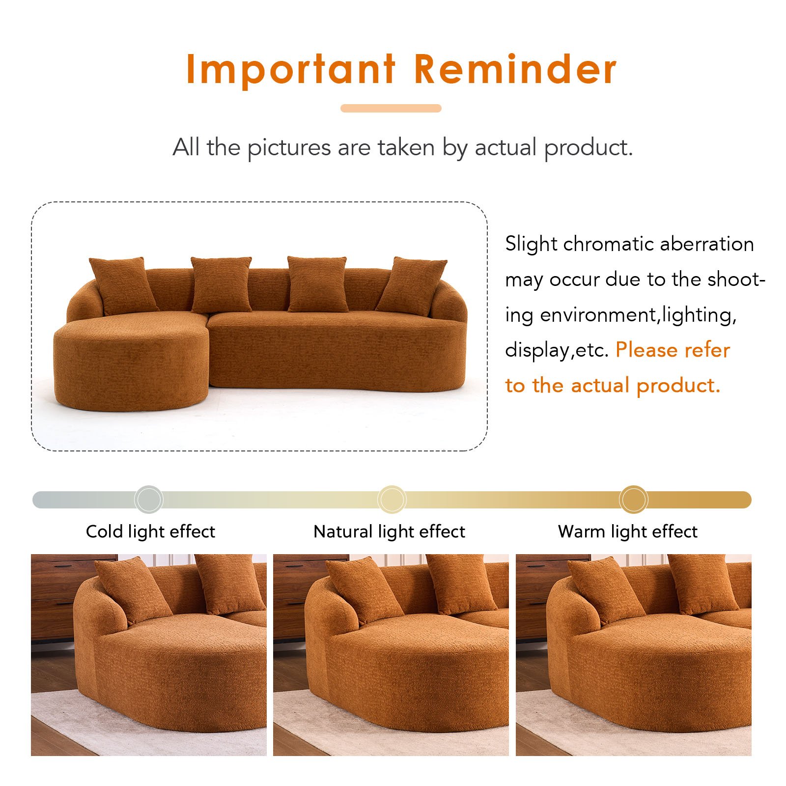 Compression Sofa: Combining Chaise Longue With 3 Seater, Wood Grain Chenille Fabric, Full Sponge Compression Sofa, Combined Sofa With 4 Pillows For Living / Home Furniture / Apartment - Orange - Image 31