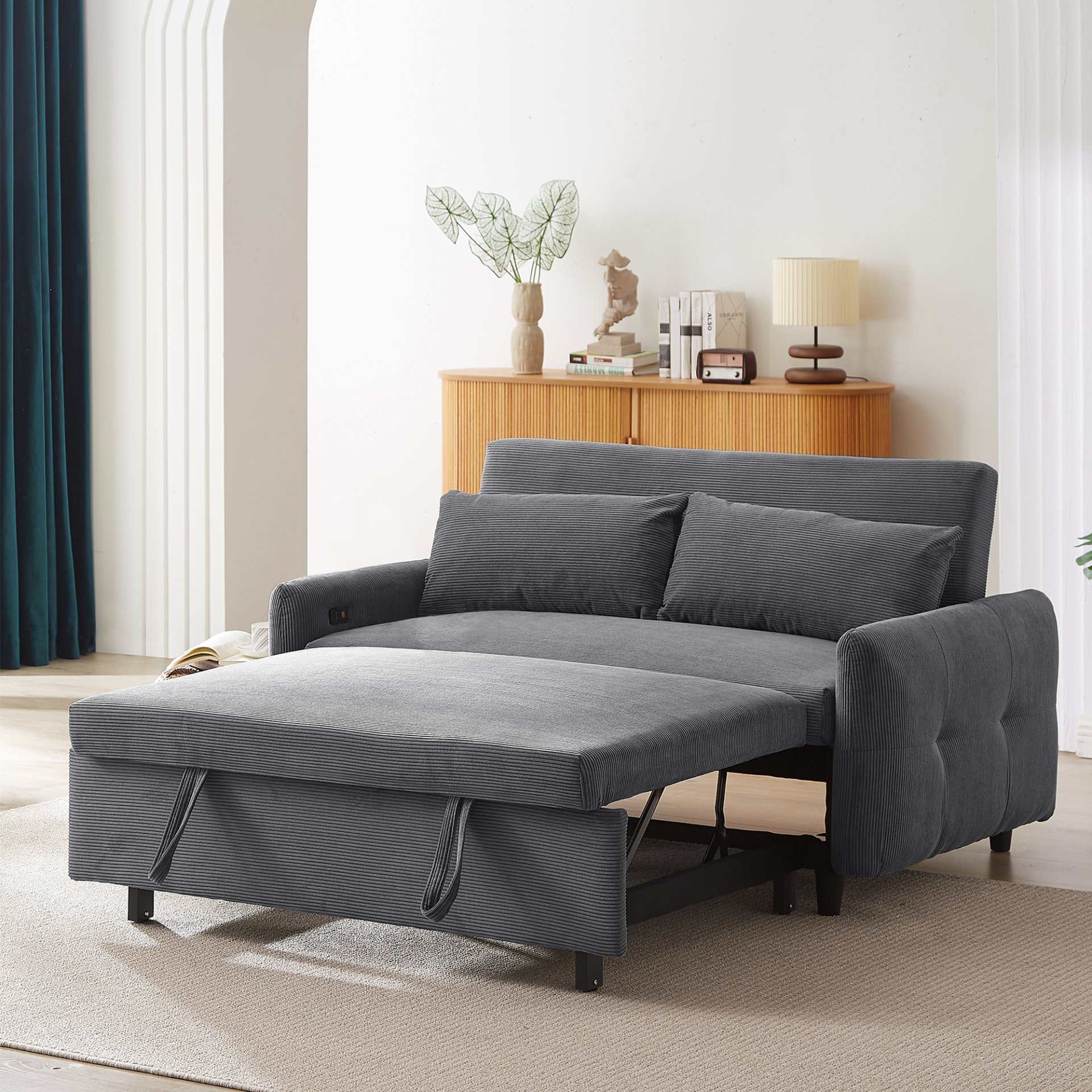 Pull Out Sofa Bed Convertible Couch 2 Seat Loveseat Sofa Modern Sleeper Sofa With 2 Throw Pillows And USB Ports For Living Room - Dark Gray - Image 11