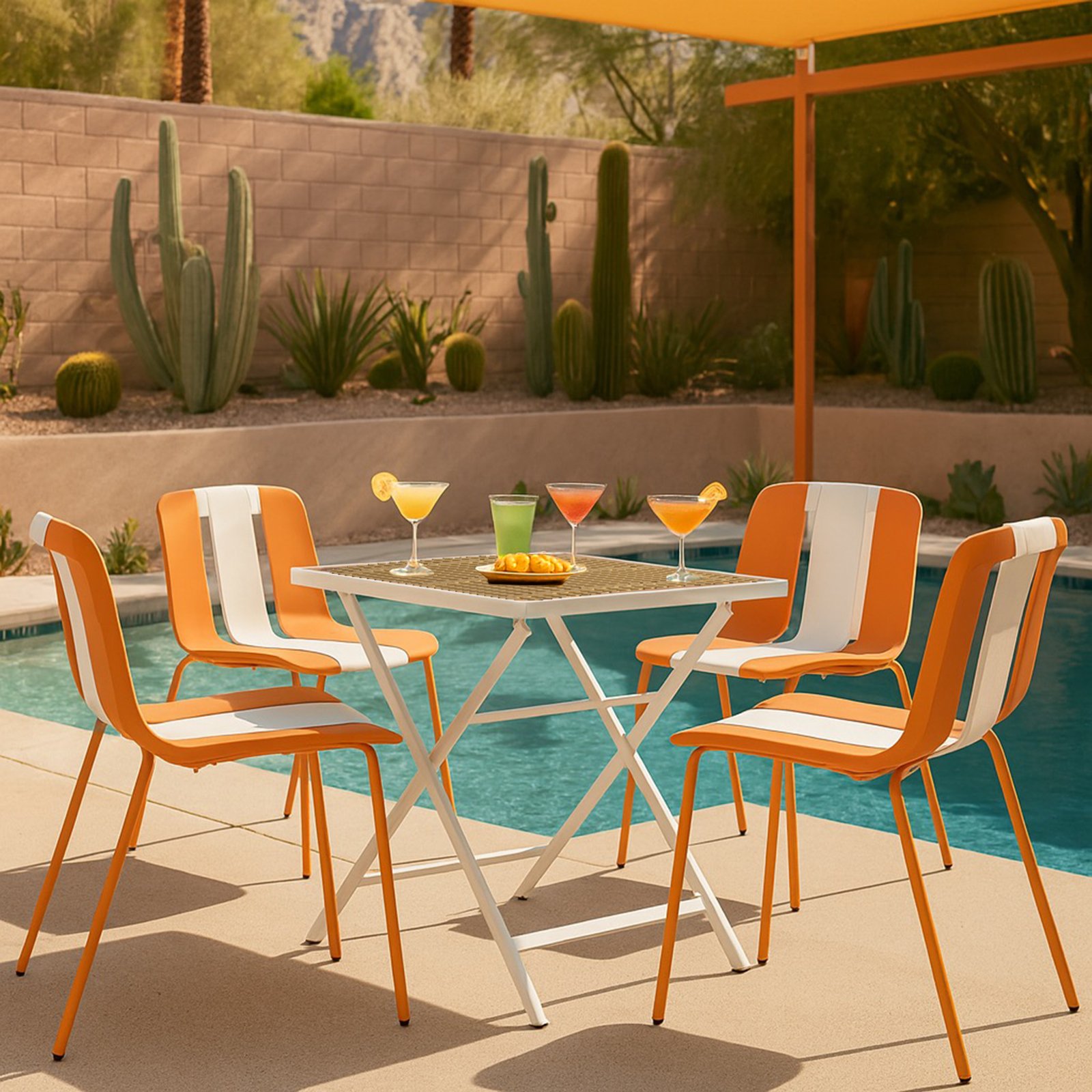 4 Piece Set Of Striped Color Blocking Single Chairs With Folding Square Table - Beige / Khaki / Tropical Orange / White - Image 12