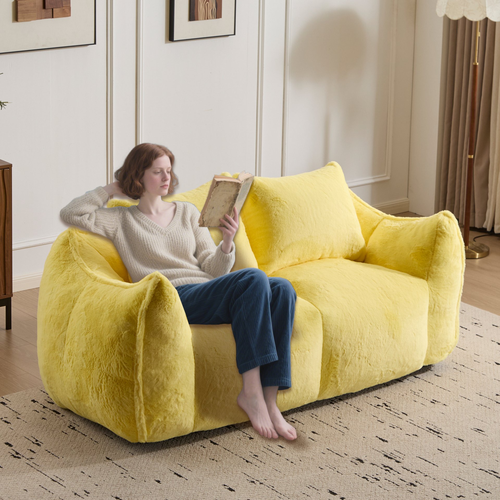 Giant Bean Bag Couch, Ultra Soft Fluffy Loveseat For Living Room Reading Chair With Pillows - Yellow - Image 8