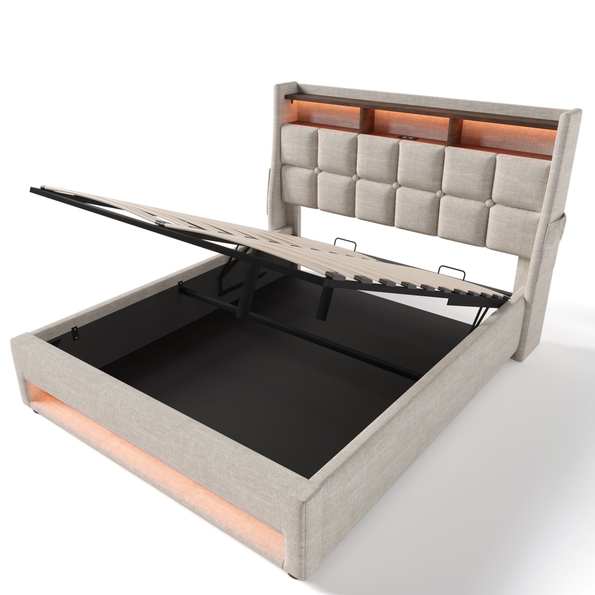Full Size Upholstered Platform Bed With A Hydraulic Storage System, LED And USB Charging (Without Mattress) - Natural - Image 27