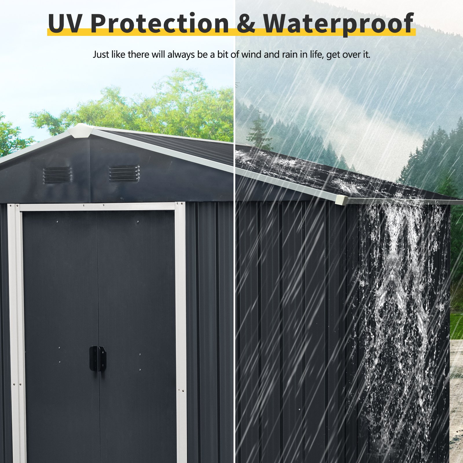 8Ft X 4Ft Outdoor Metal Storage Shed With Sliding Door And Foundation For Backyard, Patio, Lawn - Black / White - Image 6