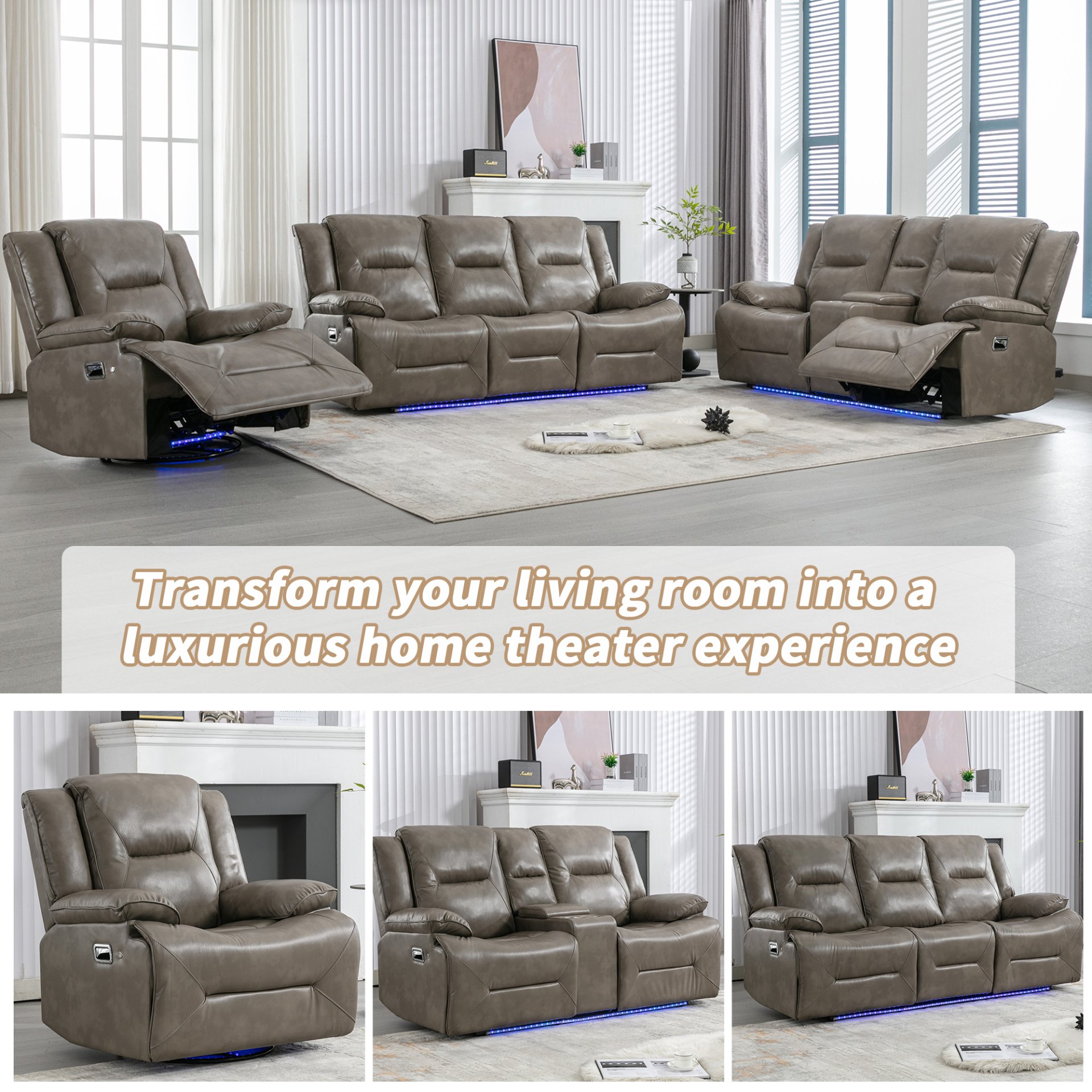 3 Seater Home Theater Recliner Manual Recliner Chair With A Led Light Strip Two Built-In Cup Holders For Living Room - Gray - Image 7