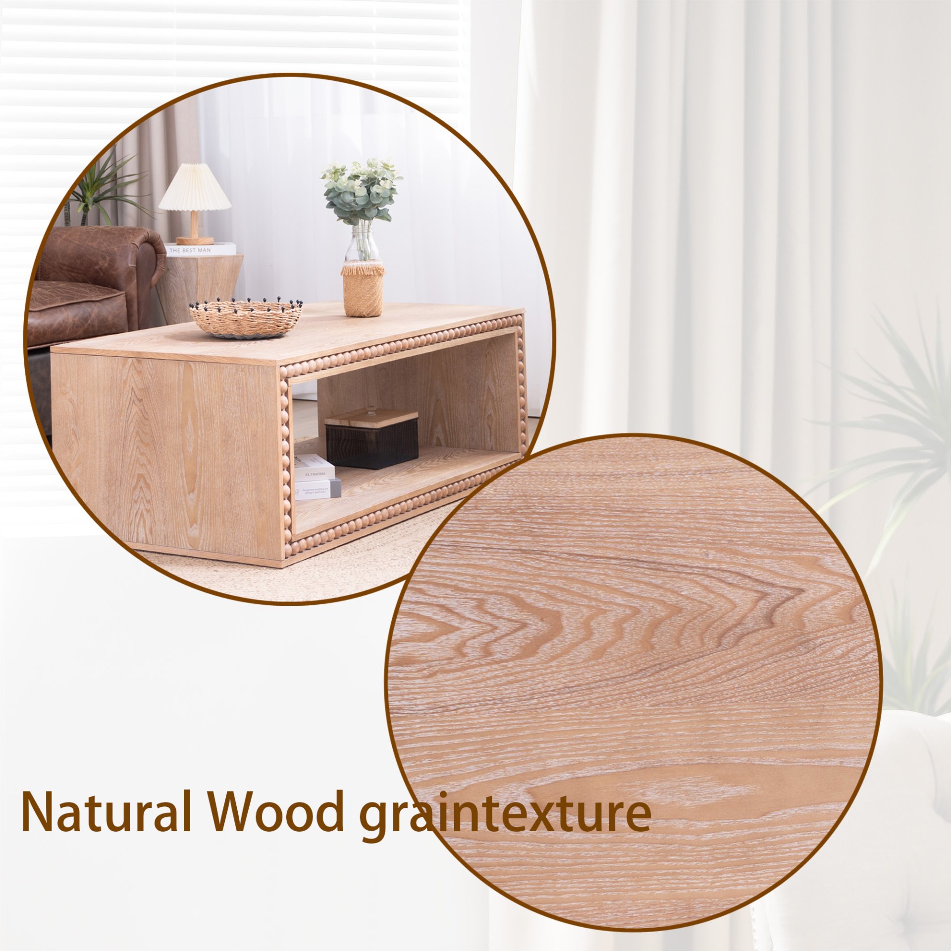 Beaded Edge Coffee Table, Rectangular Center Table With Open Storage Shelf - Antique Natural / Light Natural / Natural - Image 11