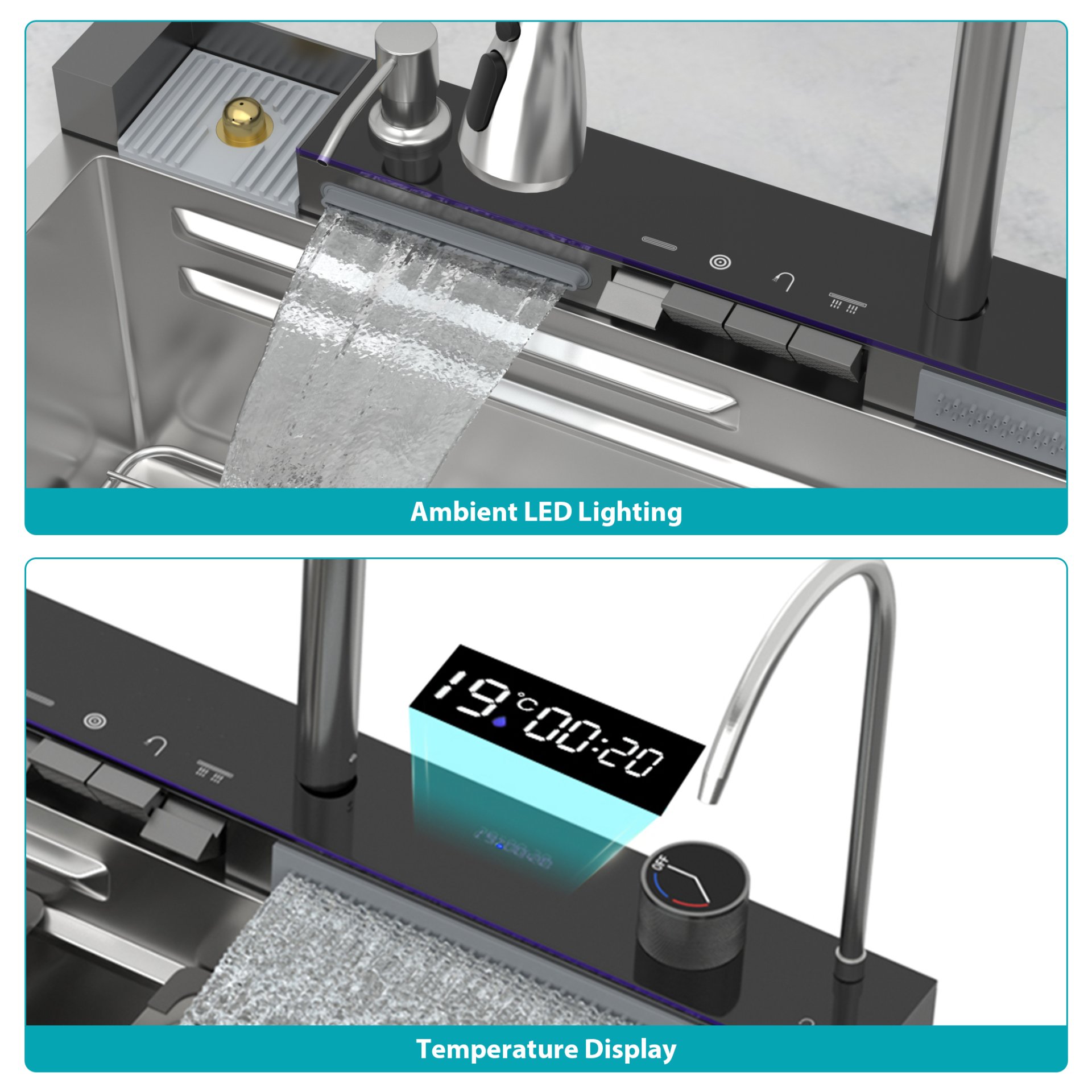 Kitchen Waterfall Sink Single Bowl With LED Faucet, Ledge Workstation, And Multi Function Pull Out Spray - Brushed Nickel - Image 8