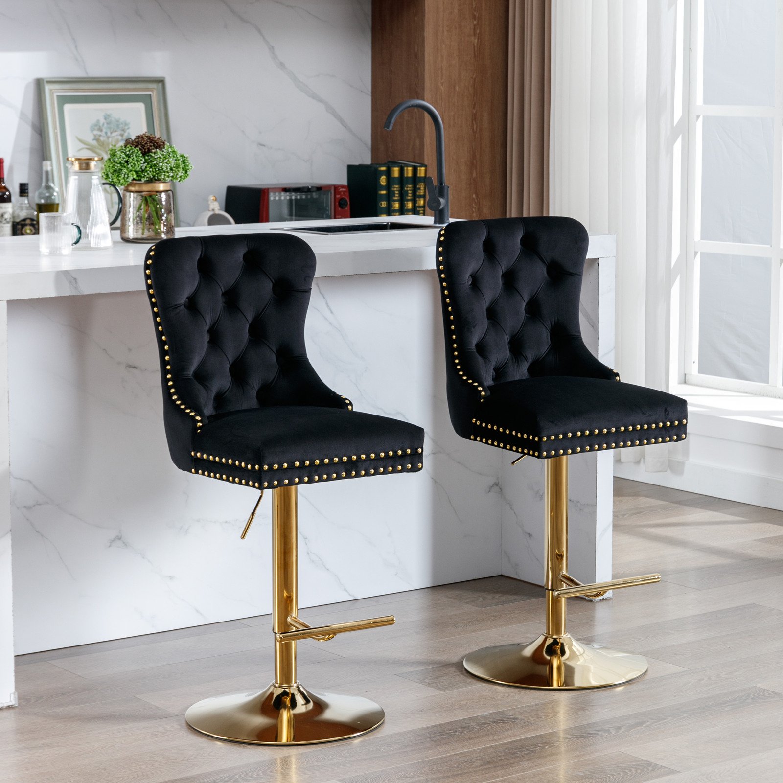 Thick Golden Swivel Velvet Barstools Adjusatble Seat Height From 27-35", Modern Upholstered Bar Stools With Backs Comfortable Tufted For Home Pub And Kitchen Island (Set of 2) - Black - Image 4
