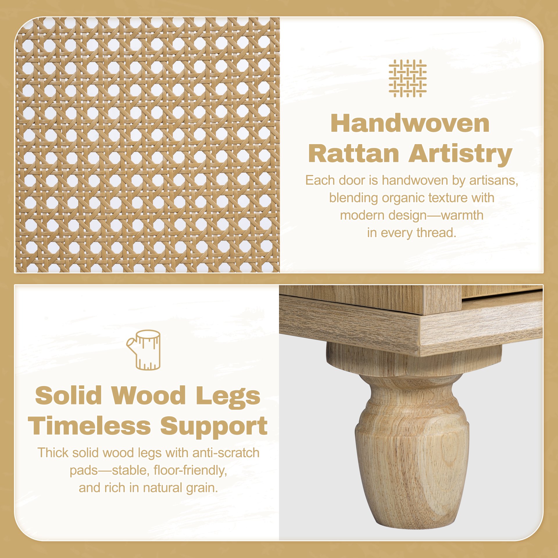 Bathroom Vanity With Handwoven Rattan Doors, Resin Basin - Natural Wood - Image 8