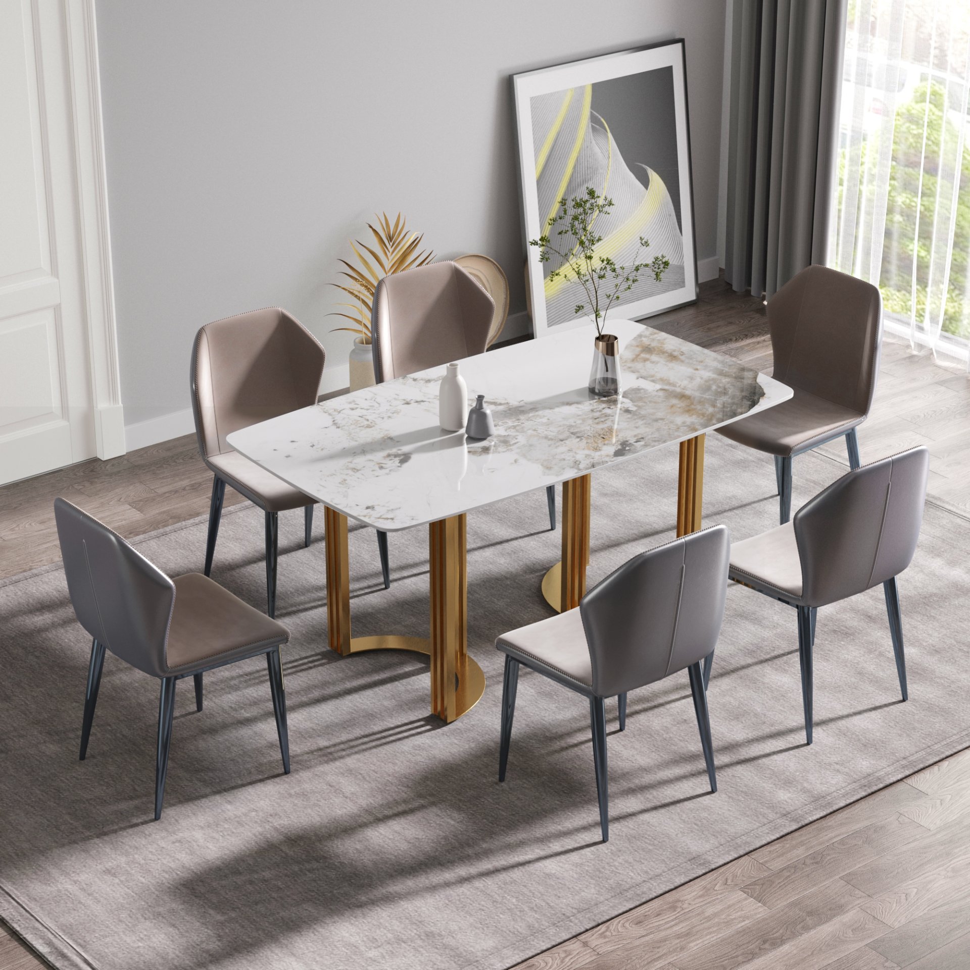63" Modern Artificial Stone Pandora White Curved Metal Leg Dining Table, 6 People - Antique White - Image 2