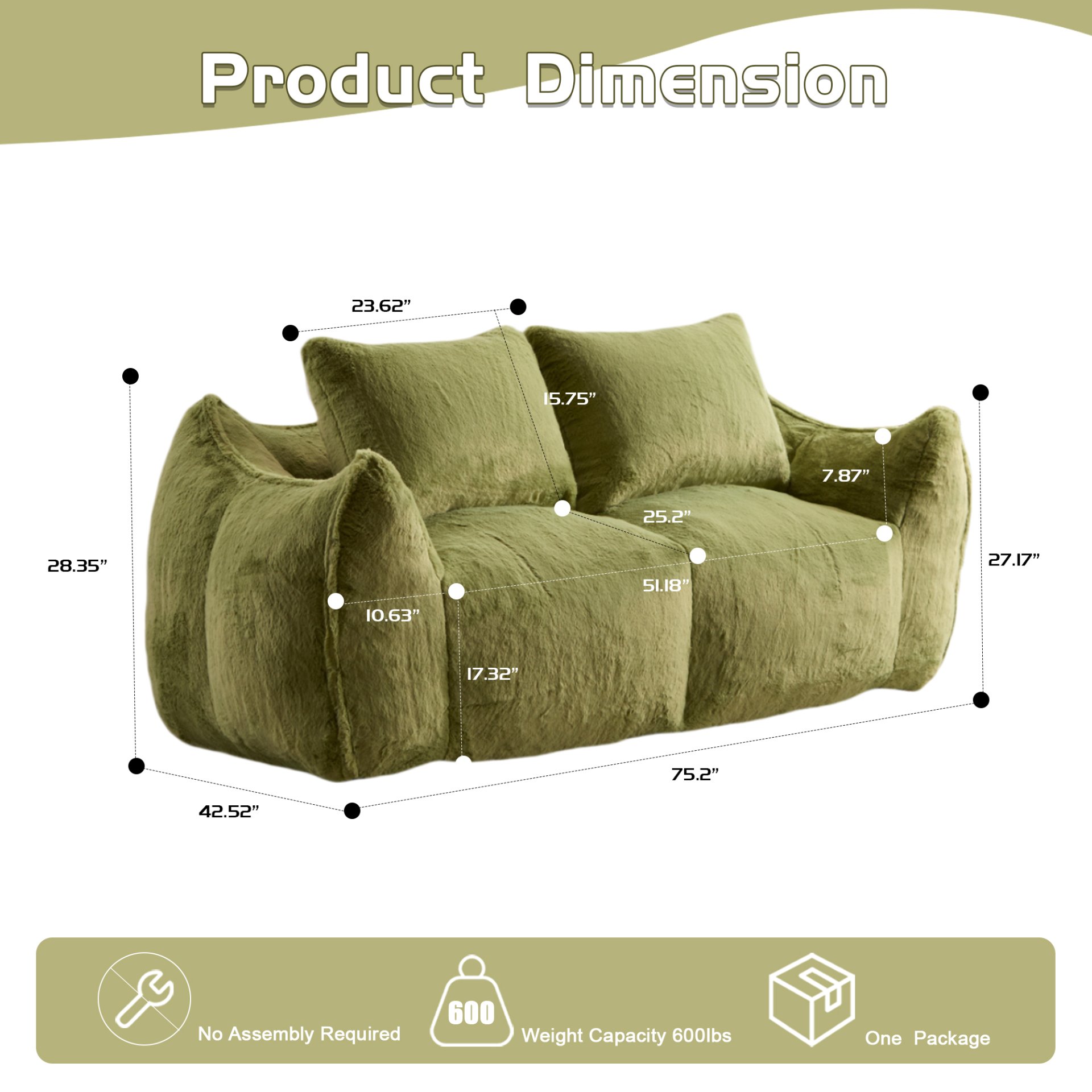 Giant Bean Bag Couch, Ultra Soft Fluffy Loveseat For Living Room Reading Chair With Pillows - Green - Image 3