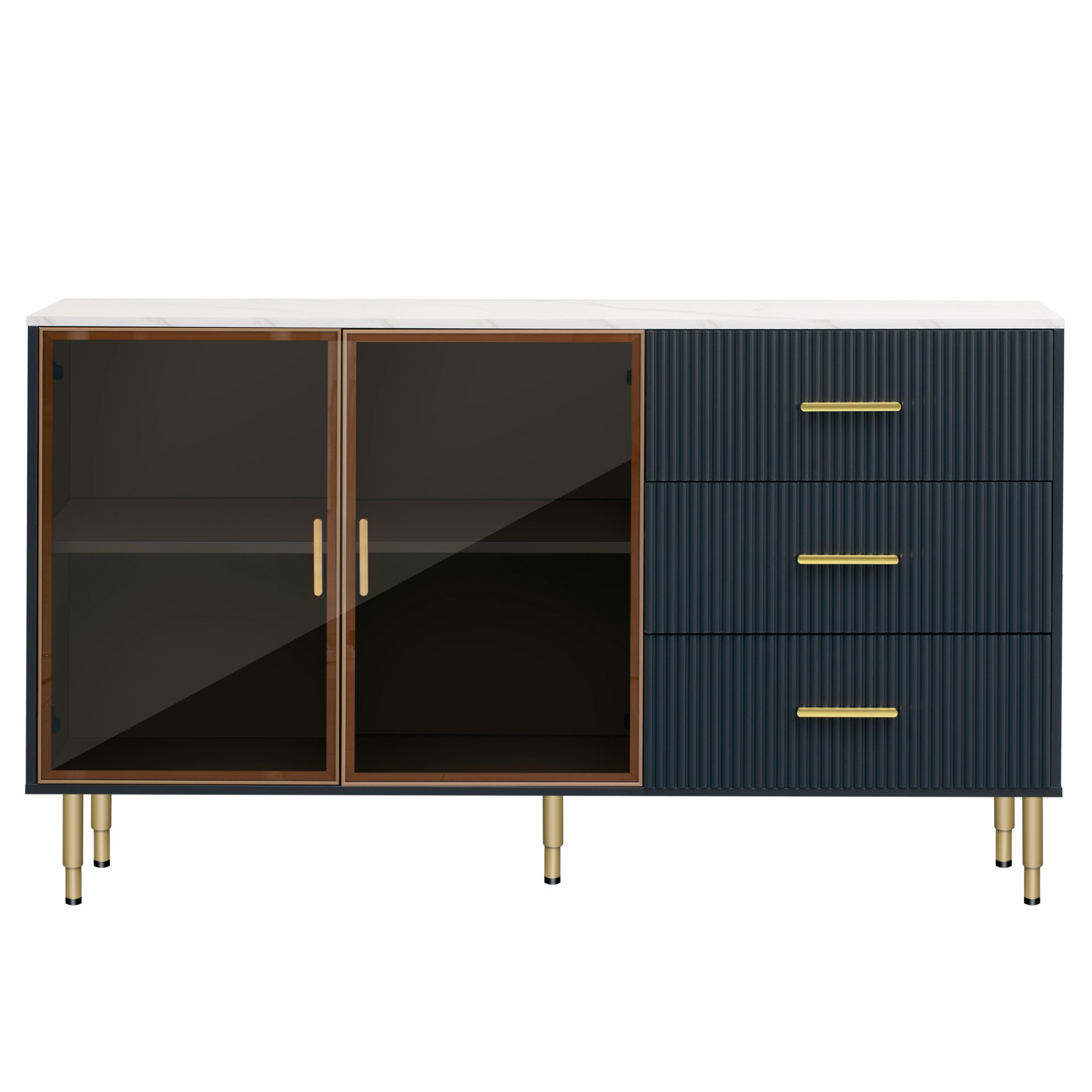 Modern Sideboard Buffet Cabinet Marble Sticker Tabletop And Amber-Yellow Tempered Glass Doors With Gold Metal Legs & Handles - Navy Blue - Image 13