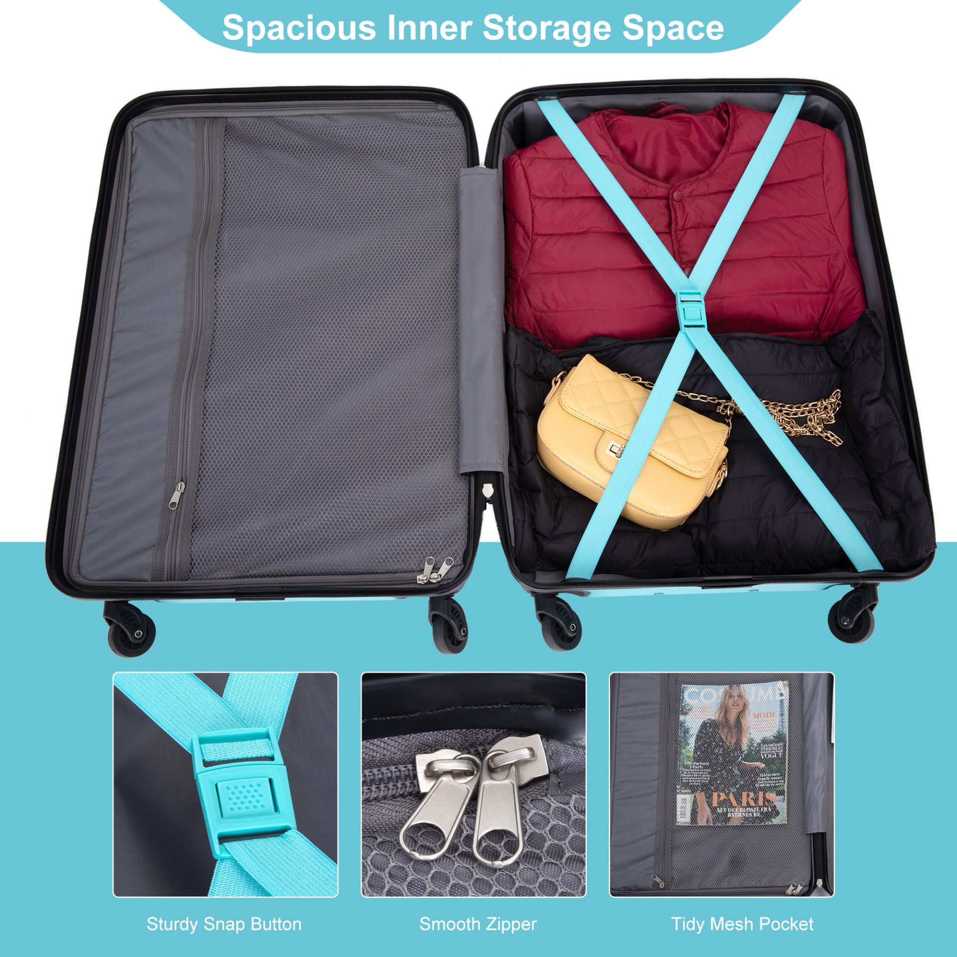 Expandable 3 Piece Luggage Sets Pc Lightweight & Durable Suitcase With Two Hooks, Spinner Wheels, Tsa Lock, (21/25/29) - Aqua Blue - Image 8