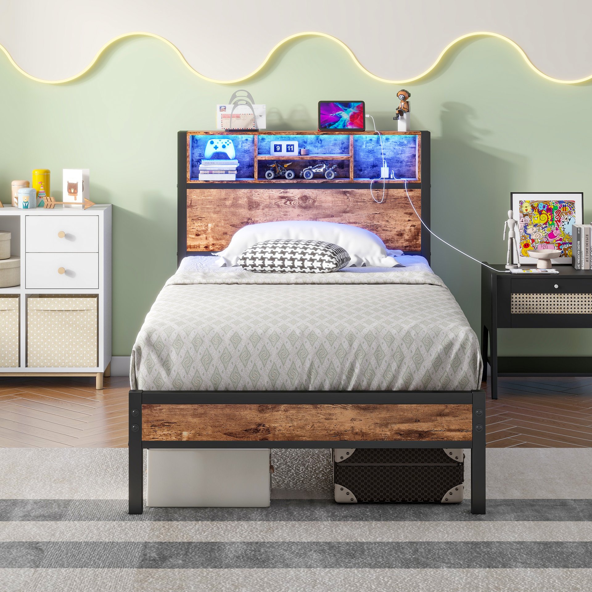 Modern Twin Size Metal Platform Bed Frame With Storage Headboard And Charging Station - Brown - Image 2