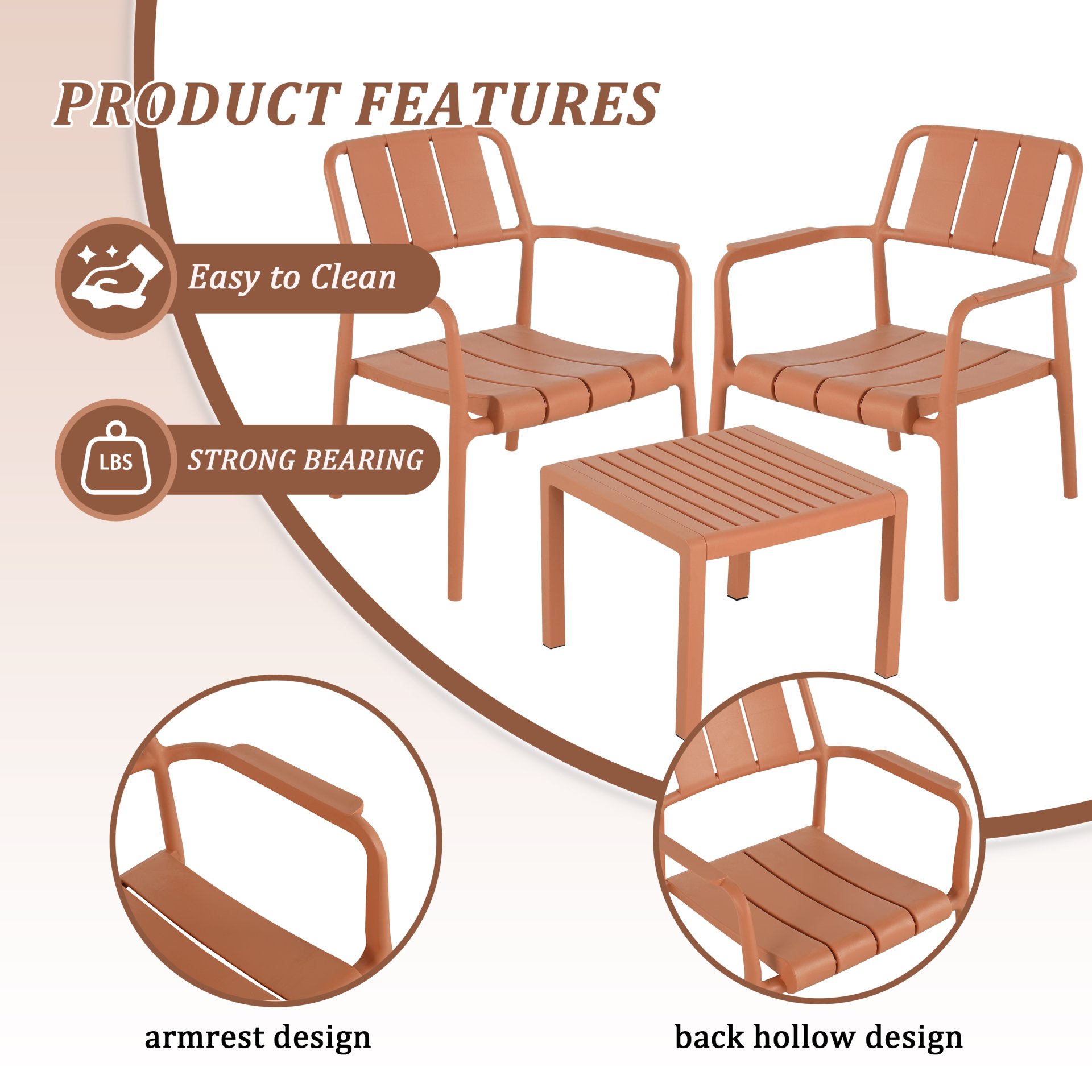 3 Piece Indoor / Outdoor Leisure Table And Chair Set (2 Chairs And 1 Coffee Table), UV Resistant, Waterproof And Durable - Apricot Brown - Image 7