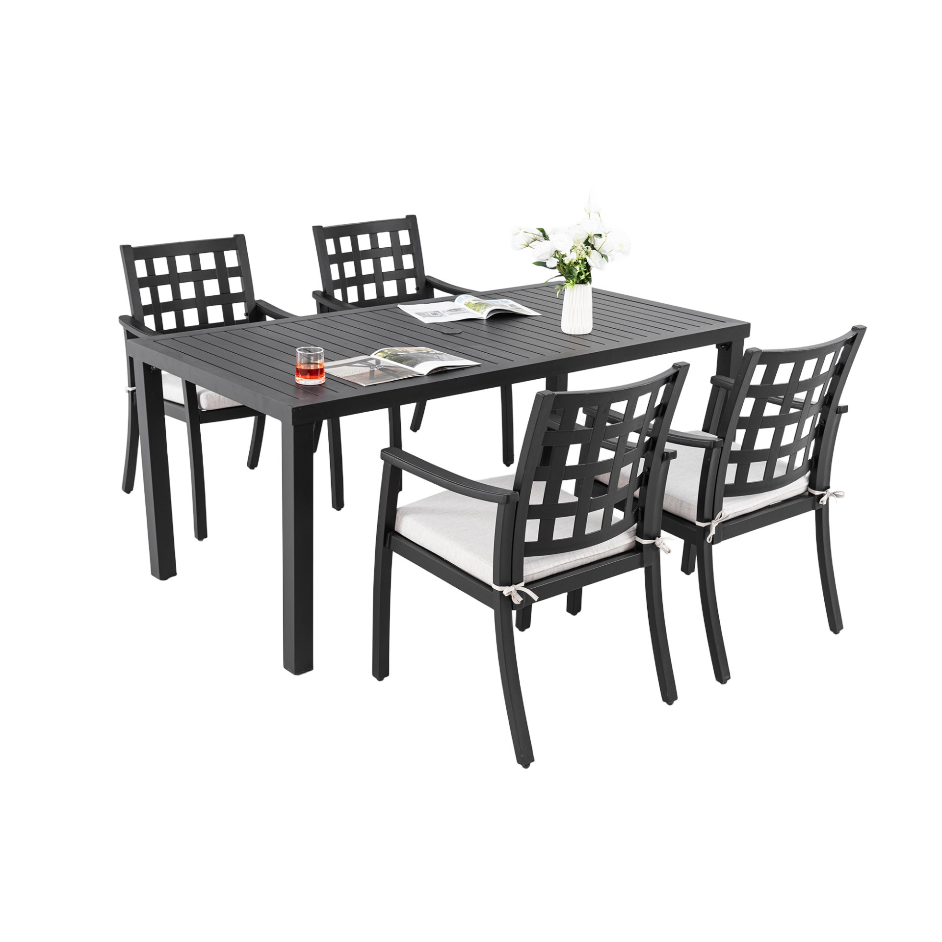5 Pieces Outdoor Patio Dining Set, Rectangular Table And 4 Stationary Dining Chairs - Ember Black - Image 9