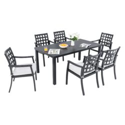 7 Pieces Outdoor Patio Dining Set, Rectangular Table And 6 Stationary Dining Chairs, Cast, Rust Free, Sunbrella Cushions, Weather Resistant - Ember Black