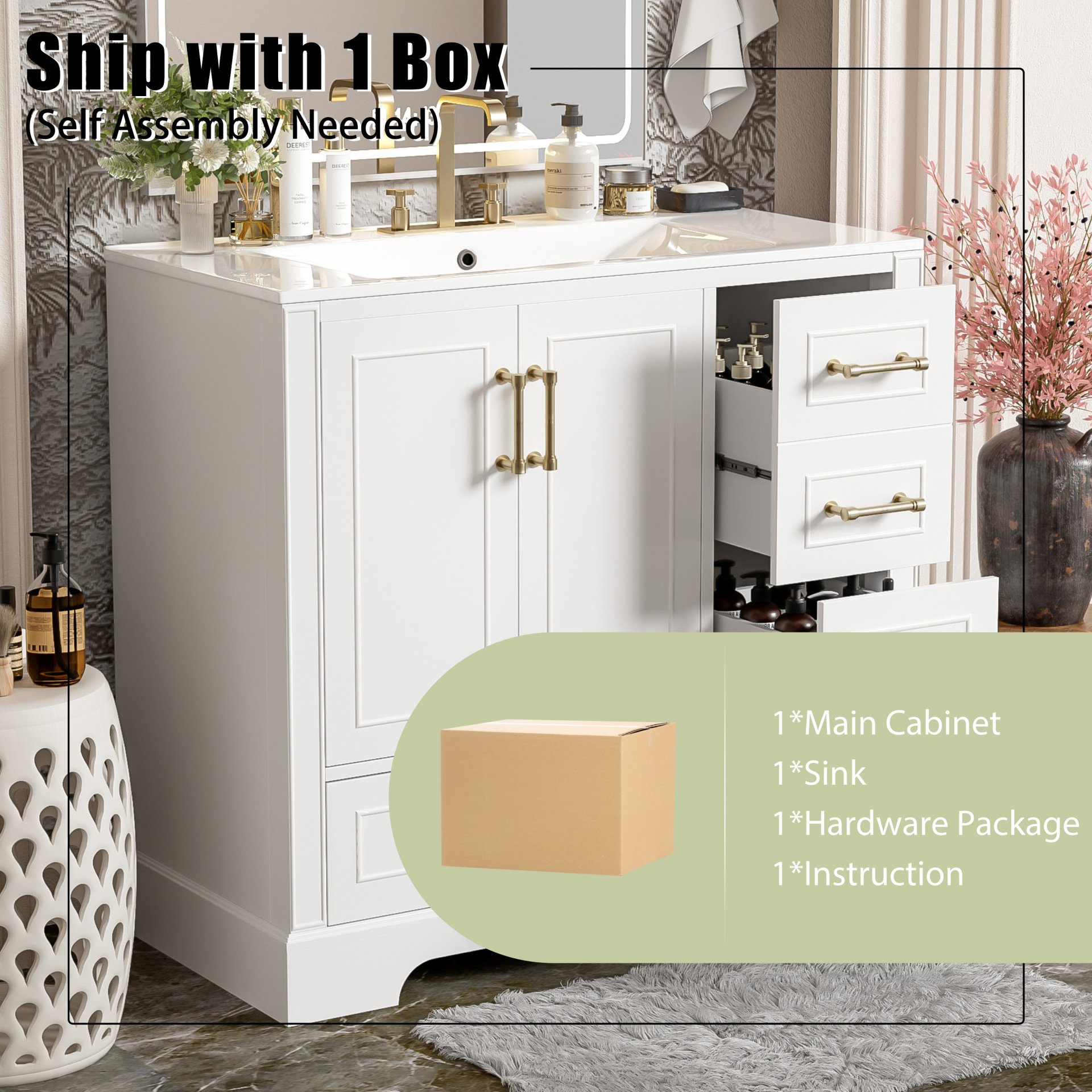 Traditional 36" Bathroom Vanity Cabinet With Sink, With Soft Close Doors And Four Drawers - White - Image 10