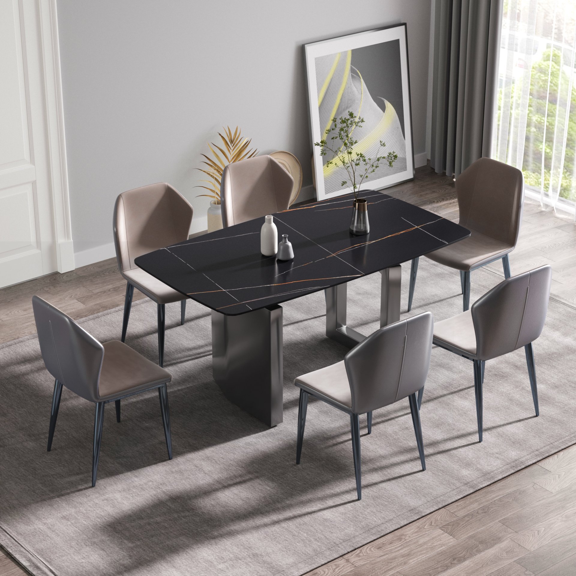 63" Modern Artificial Stone Black Curved Black Metal Leg Dining Table, 6 People - Black - Image 2