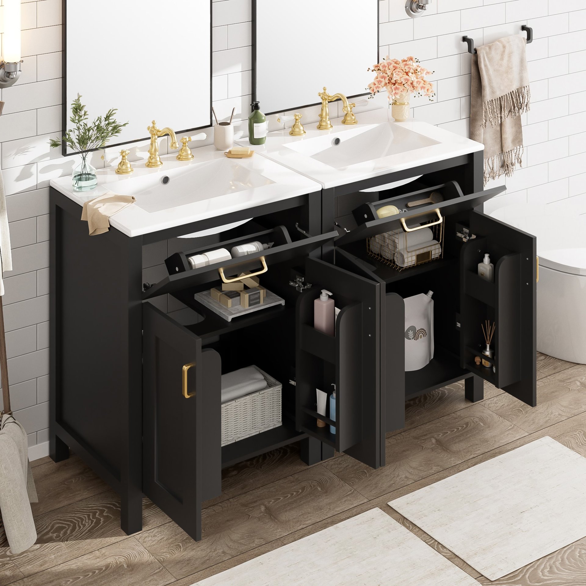 Bathroom Vanity With Sink, Soft Close Doors, Flip Drawer, U Shaped Shelves - Black - Image 5