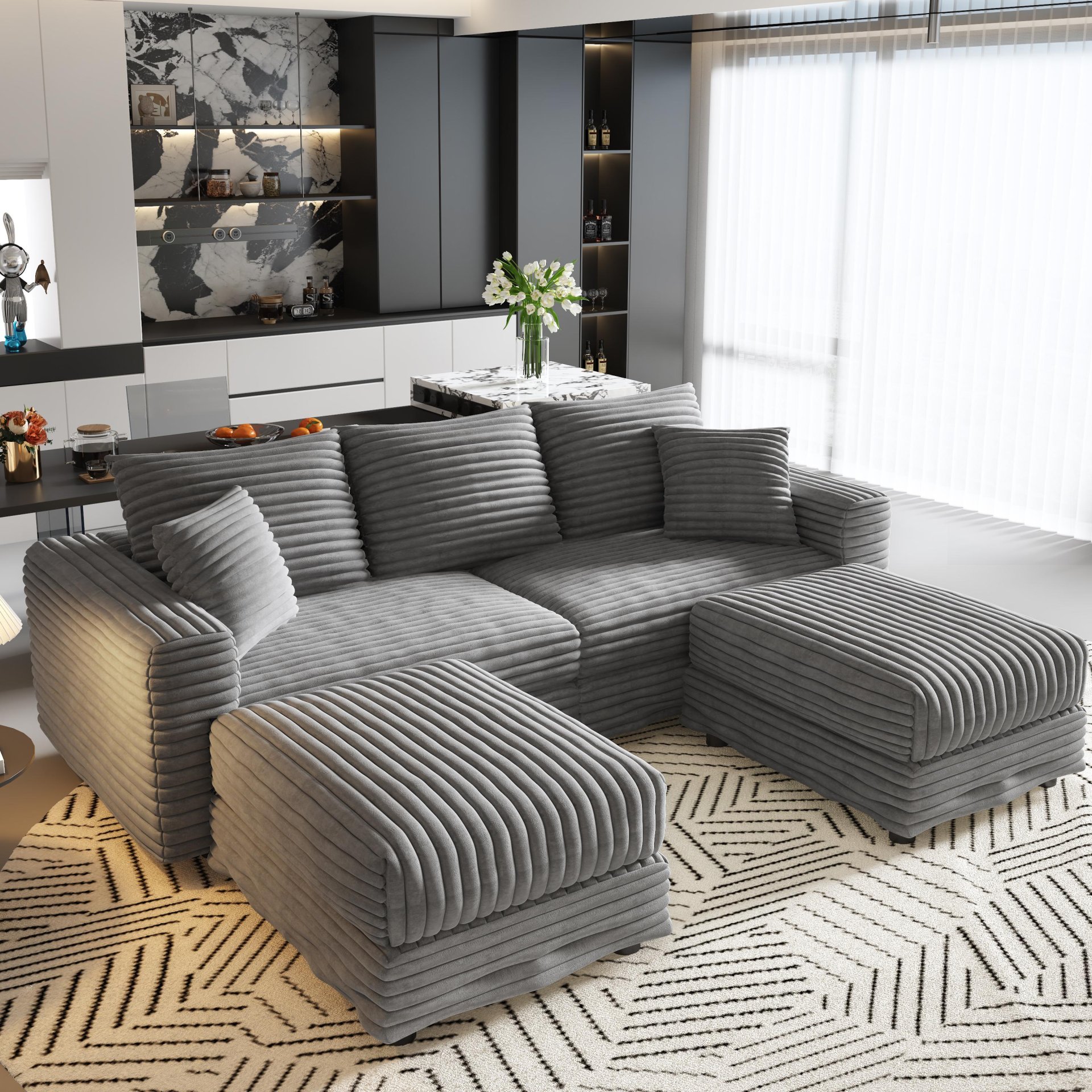 3 Seat Sofa, Deep Seat Couches With Soft Pillows And 2 Ottomans, Convertible Sofa Lounge Chair, For Living Room - Gray - Image 14
