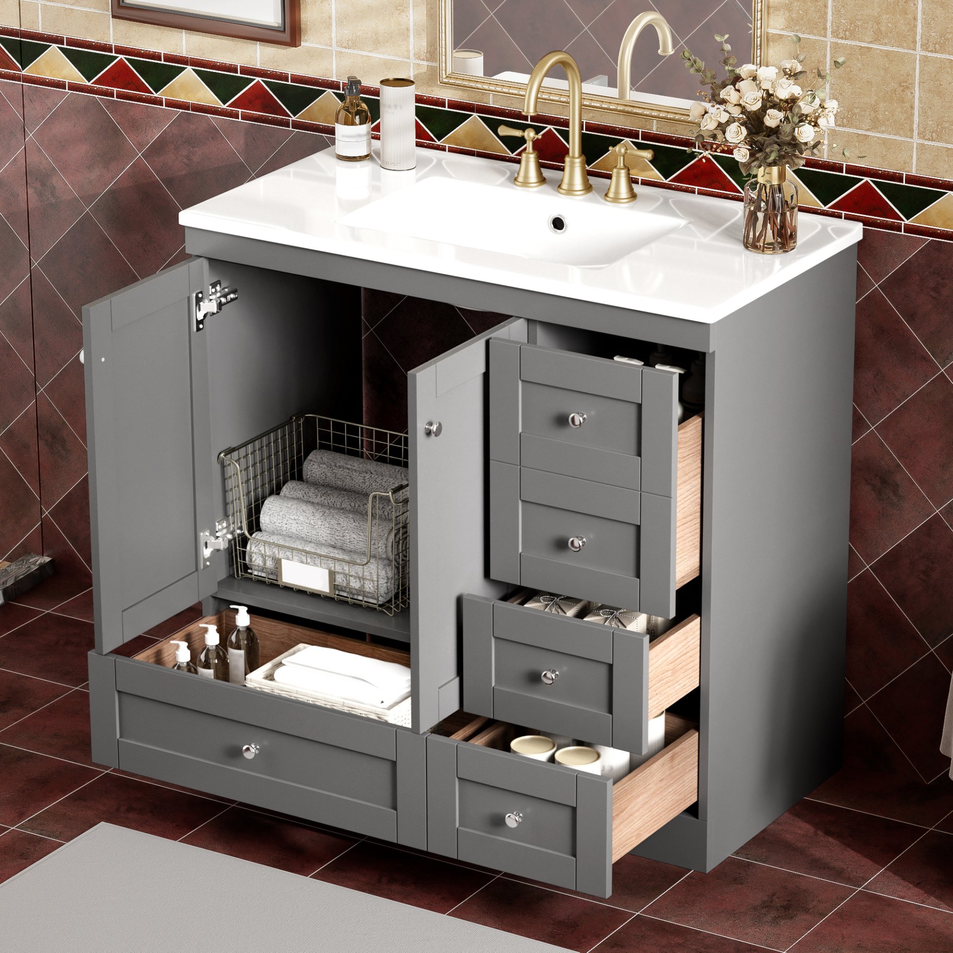 36" Shaker Free Standing Bathroom Vanity Cabinet With Sink, Soft Close Drawers, Soft Close Doors - Gray - Image 2