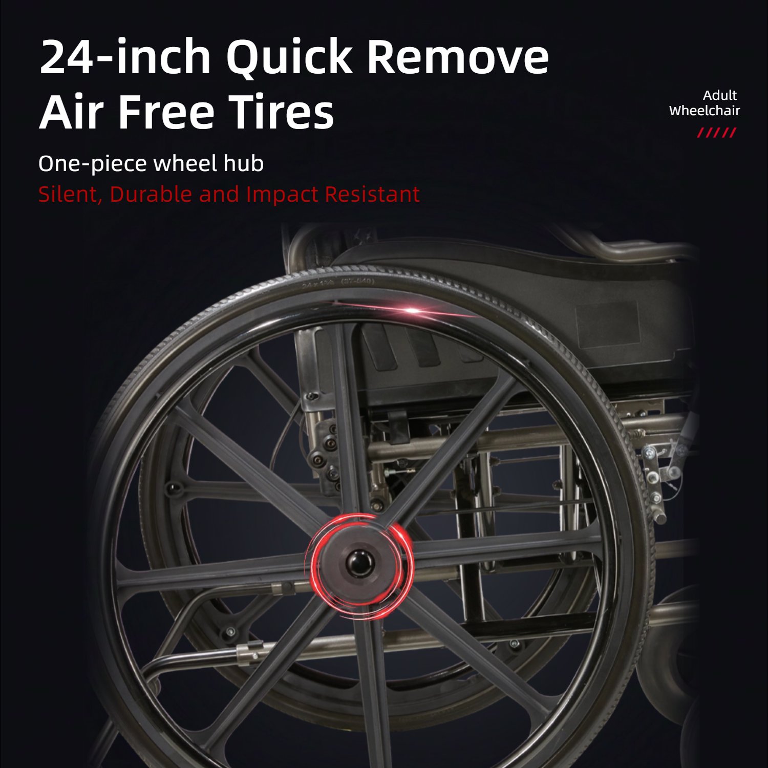 Heavy Duty Manual Wheelchair With Double X Force Support 24" Non Inflatable Tires Foldable Transport Wheelchair With Quick Release Wheels 350Lbs Capacity - Black / Silver - Image 9
