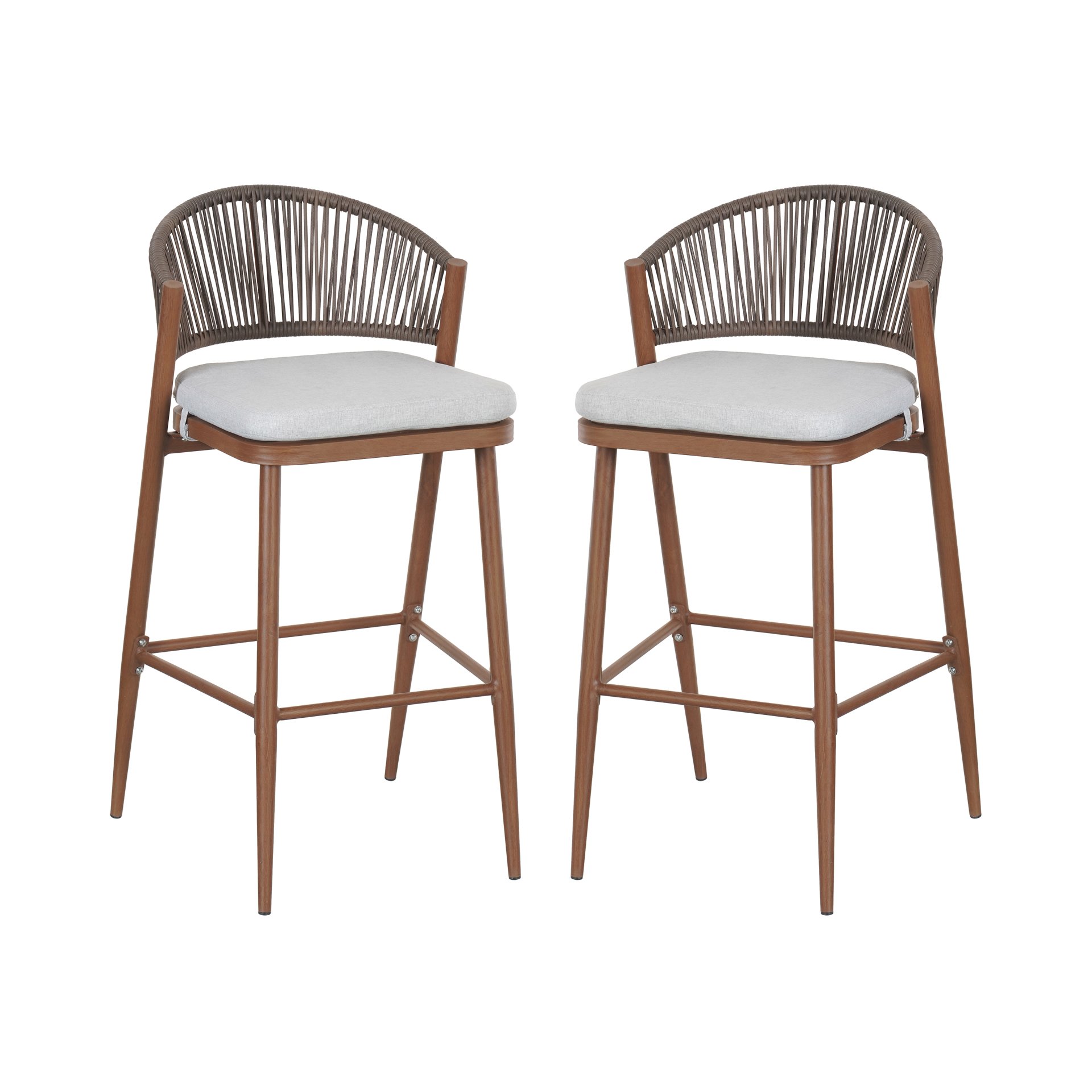 Outdoor Bar Height Aluminum Frame Counter Stools With Scallop Shaped Backrest & Water Resistant Cushions (Set of 2) - Teak - Image 6