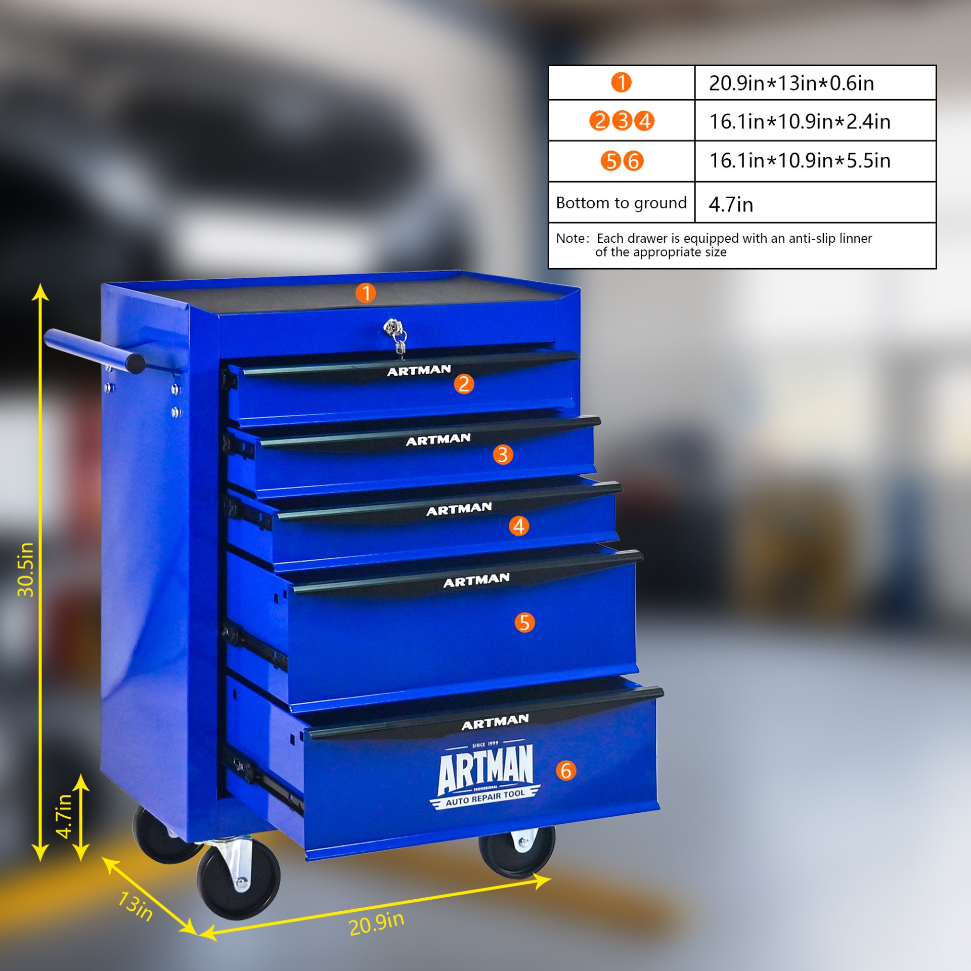 Rolling Metal Tool Chest With 5 Drawers, 20" Steel Storage Cabinet With Ball Bearing Slides - Black / Blue - Image 8