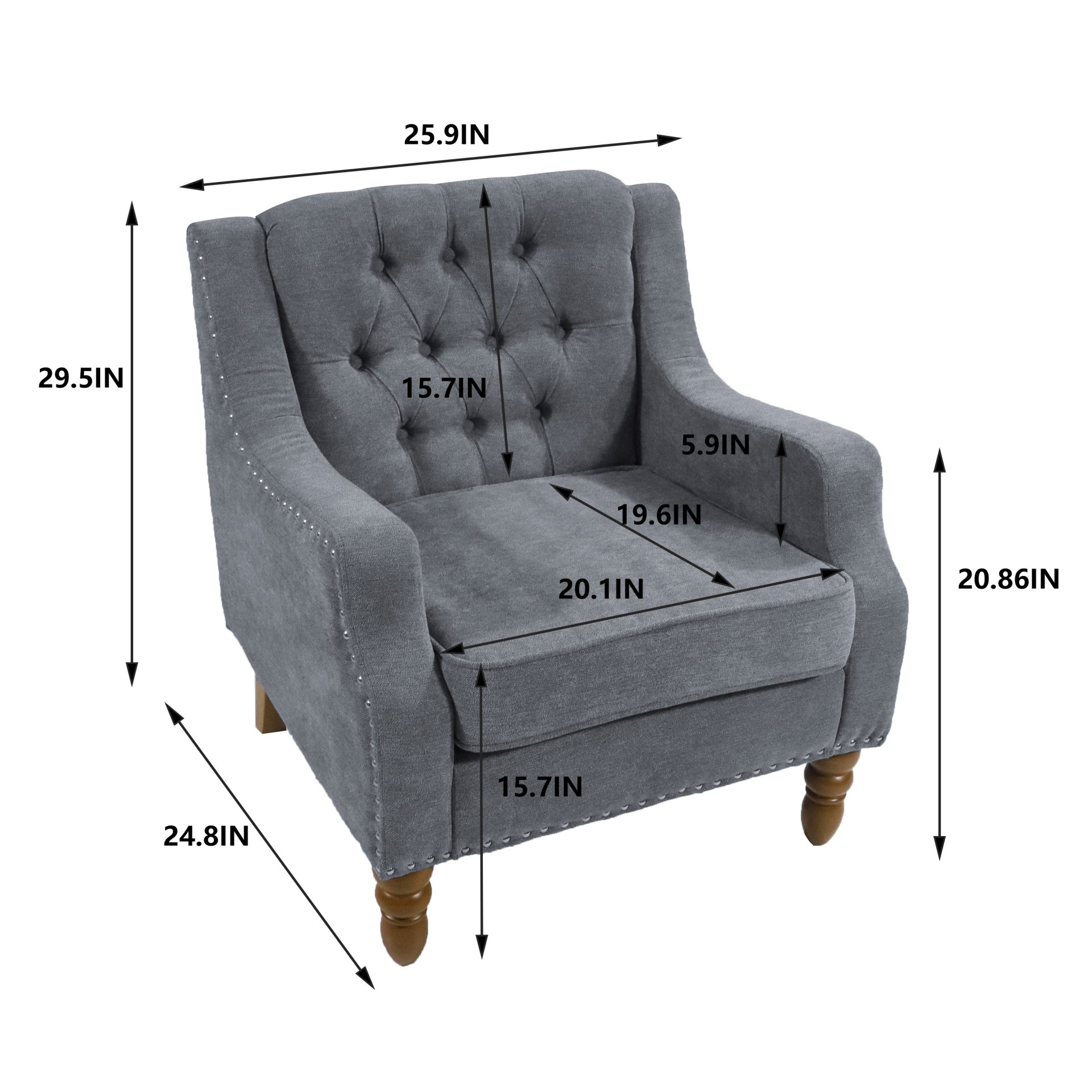 Accent Chair, Living Room Chair, Footrest Chair Set With Vintage Brass Studs, Button Tufted Upholstered Armchair For Living Room, Comfy Reading Chair For Bedroom, Reception Room - Gray - Image 3