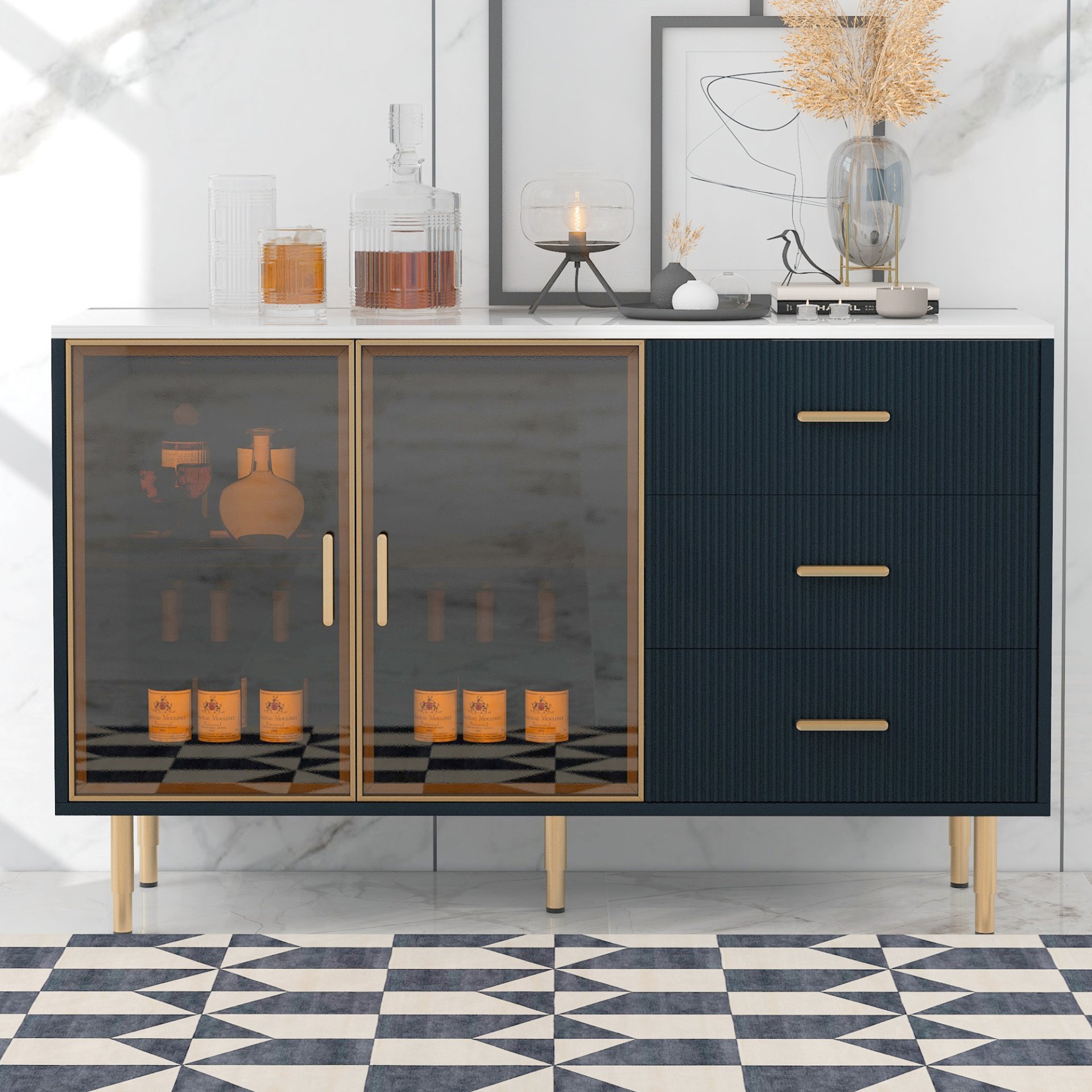Modern Sideboard Buffet Cabinet Marble Sticker Tabletop And Amber-Yellow Tempered Glass Doors With Gold Metal Legs & Handles - Navy Blue - Image 2