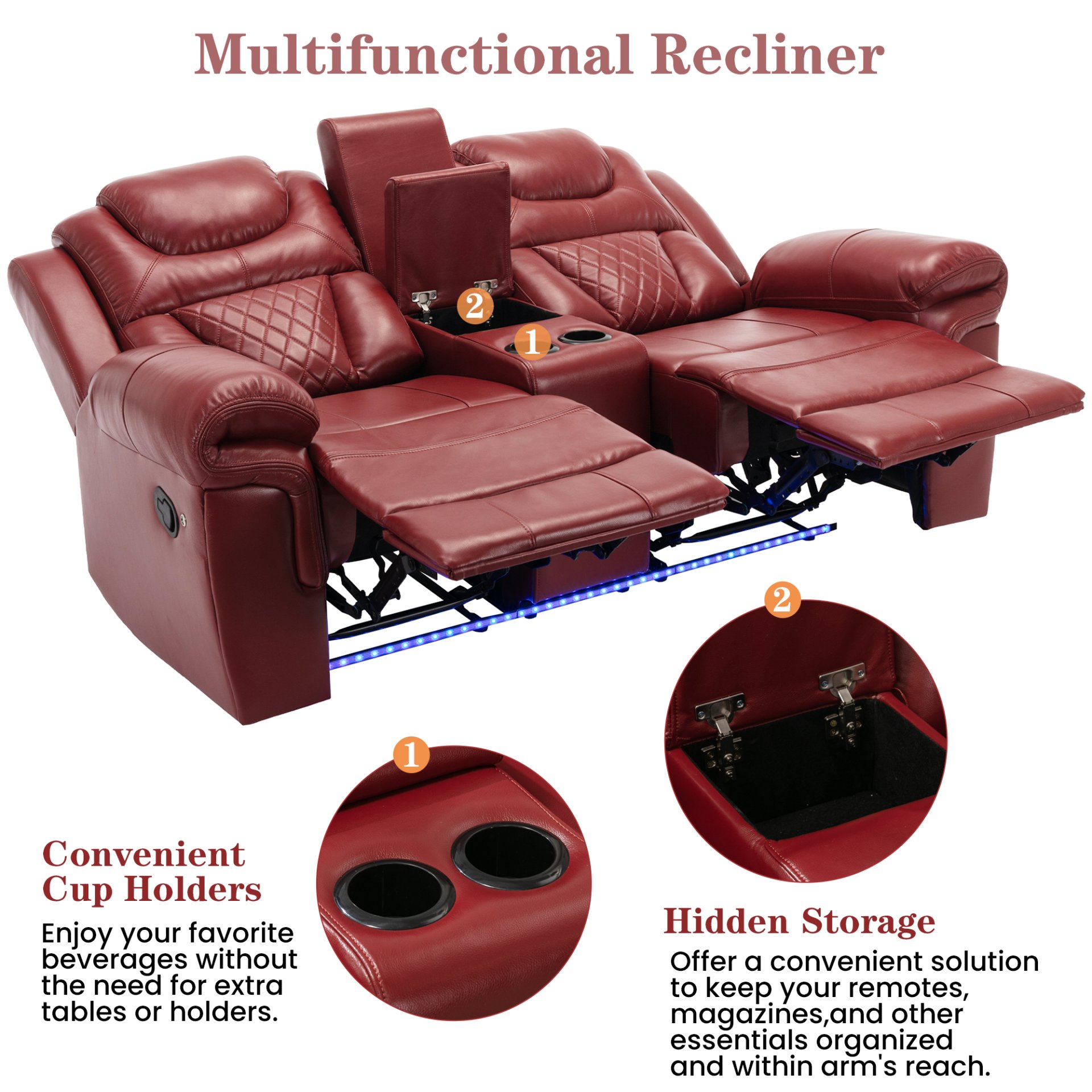 3 Pieces Recliner Sofa Sets Home Theater Seating Manual Recliner Chair With Center Console And Led Light Strip For Living Room - Wind Red - Image 7