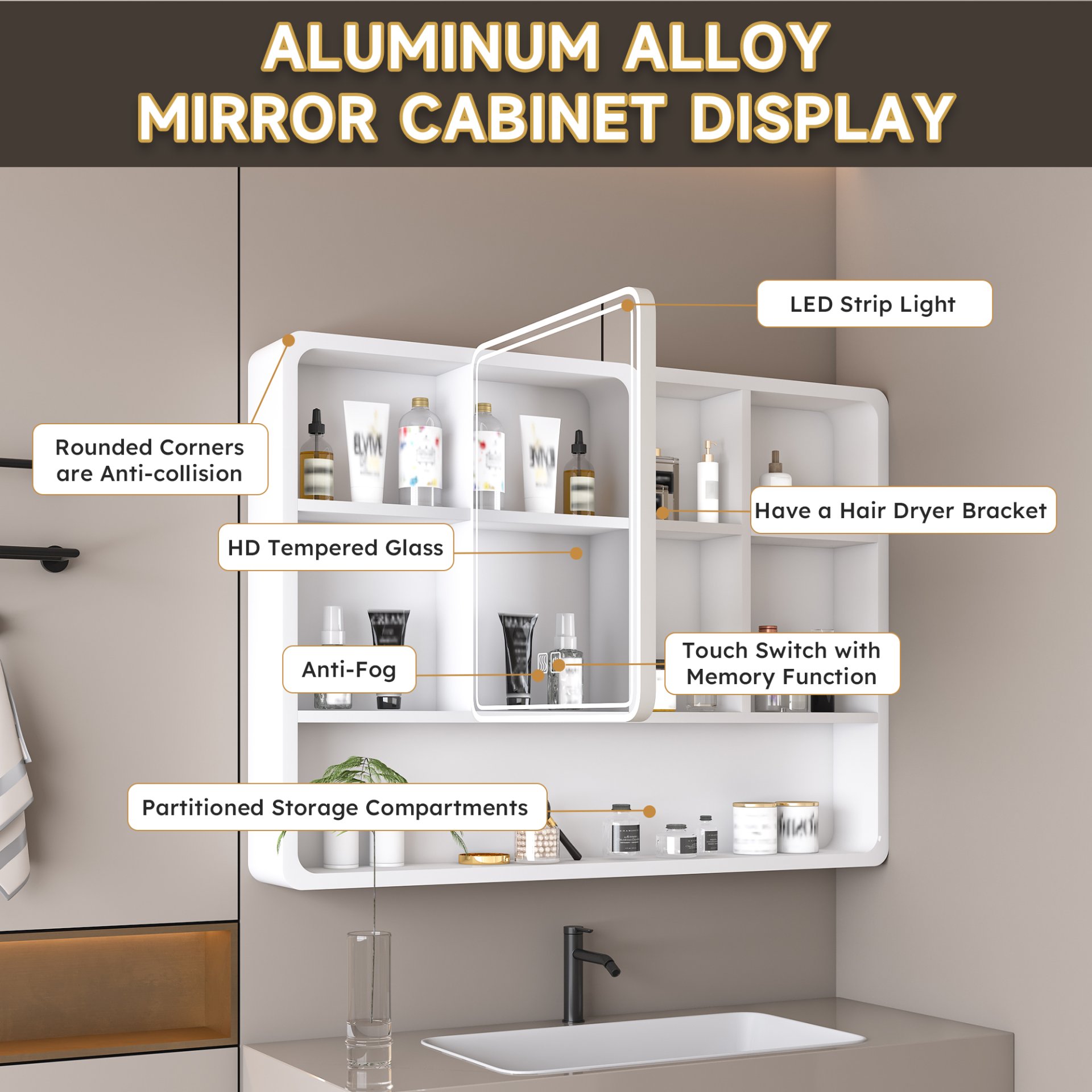 Aluminium Medicine Cabinet Mirror With 3 Colors LED Light And Defogging Function - White - Image 15