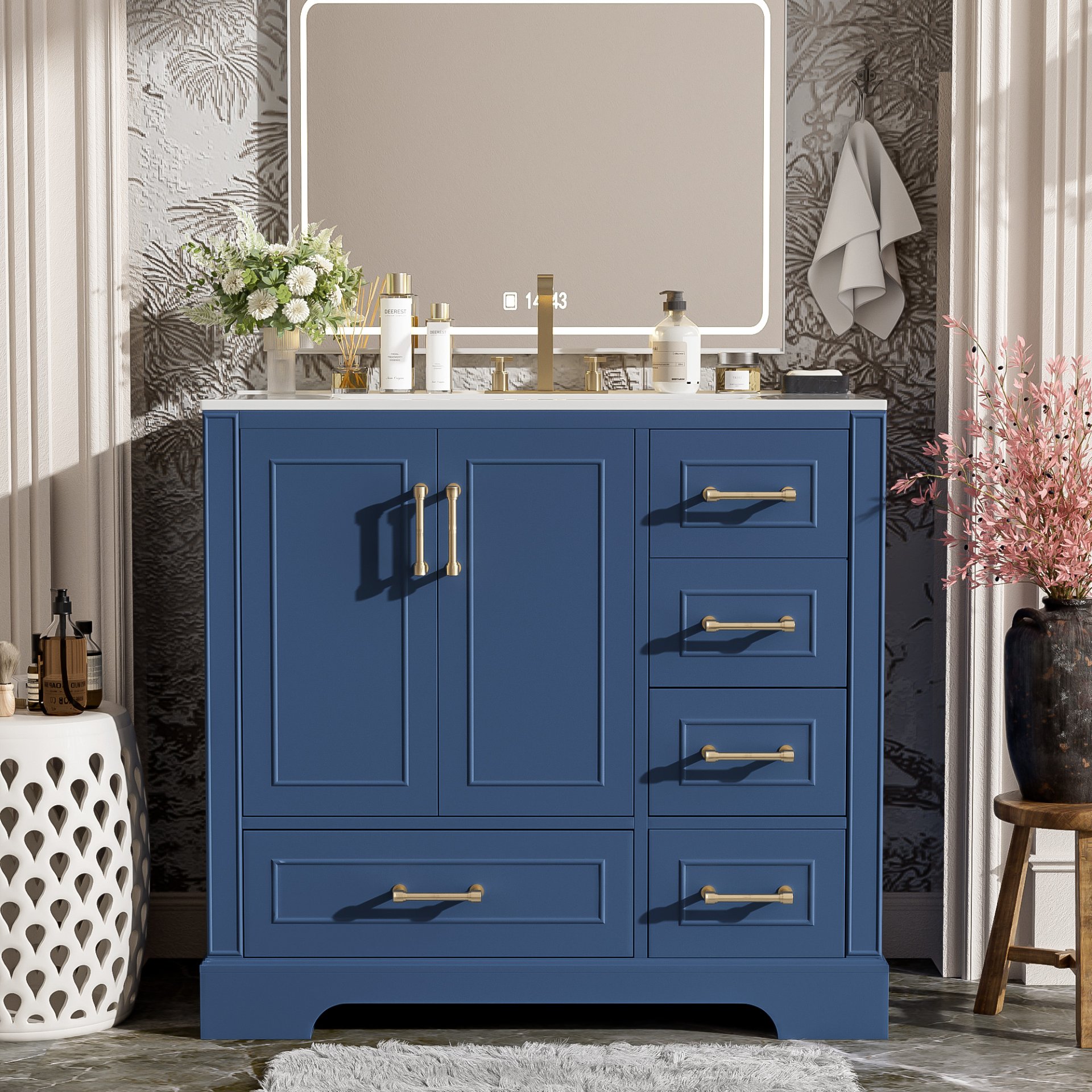 Traditional 36" Bathroom Vanity With Sink, Cabinet With Soft Close Doors And Drawers - Blue - Image 5