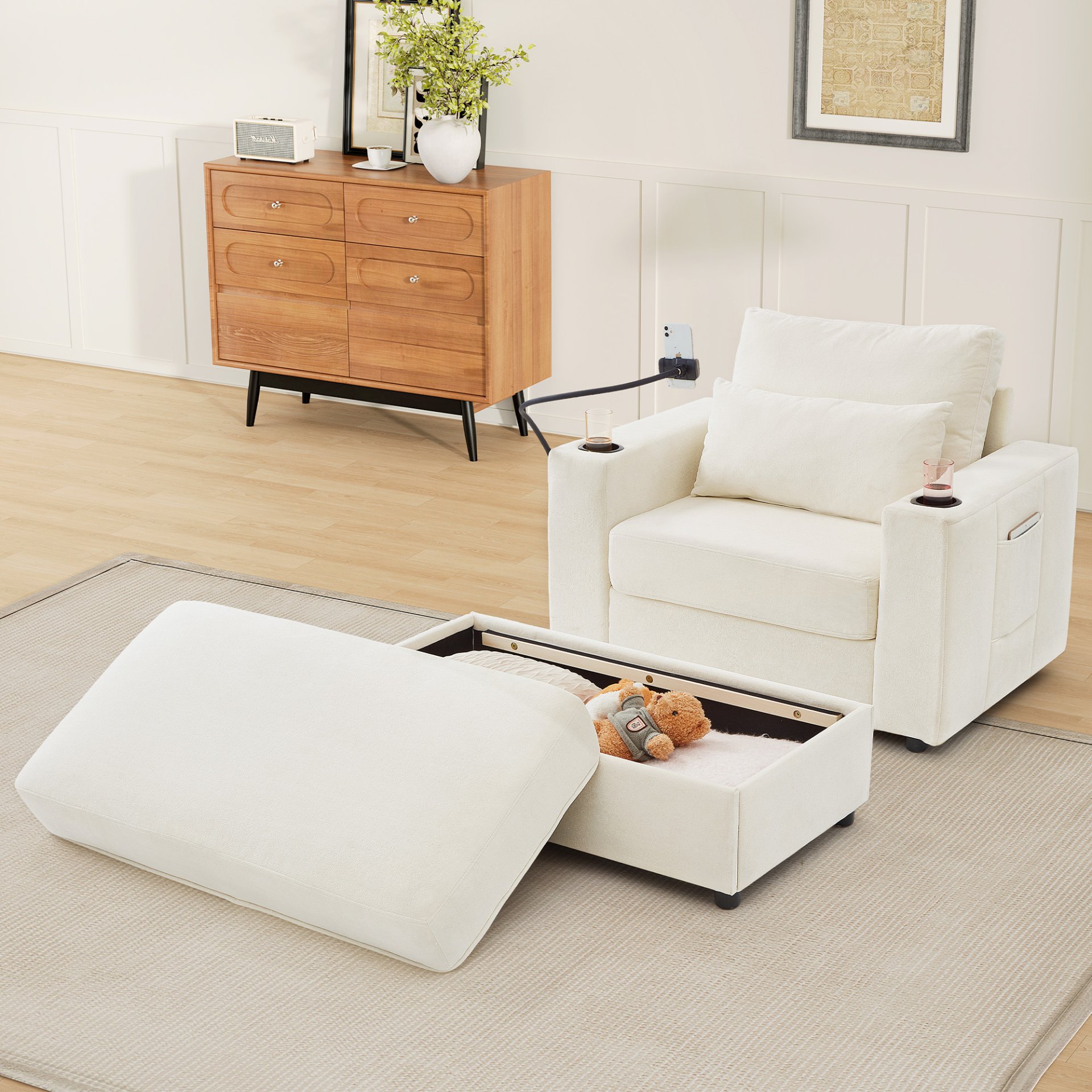 Modern Style Armchair Chaise Lounge Sofa Couch With Movable Storage Ottoman, USB Ports, Cup Holders, Phone Holder Chenille - Beige - Image 13