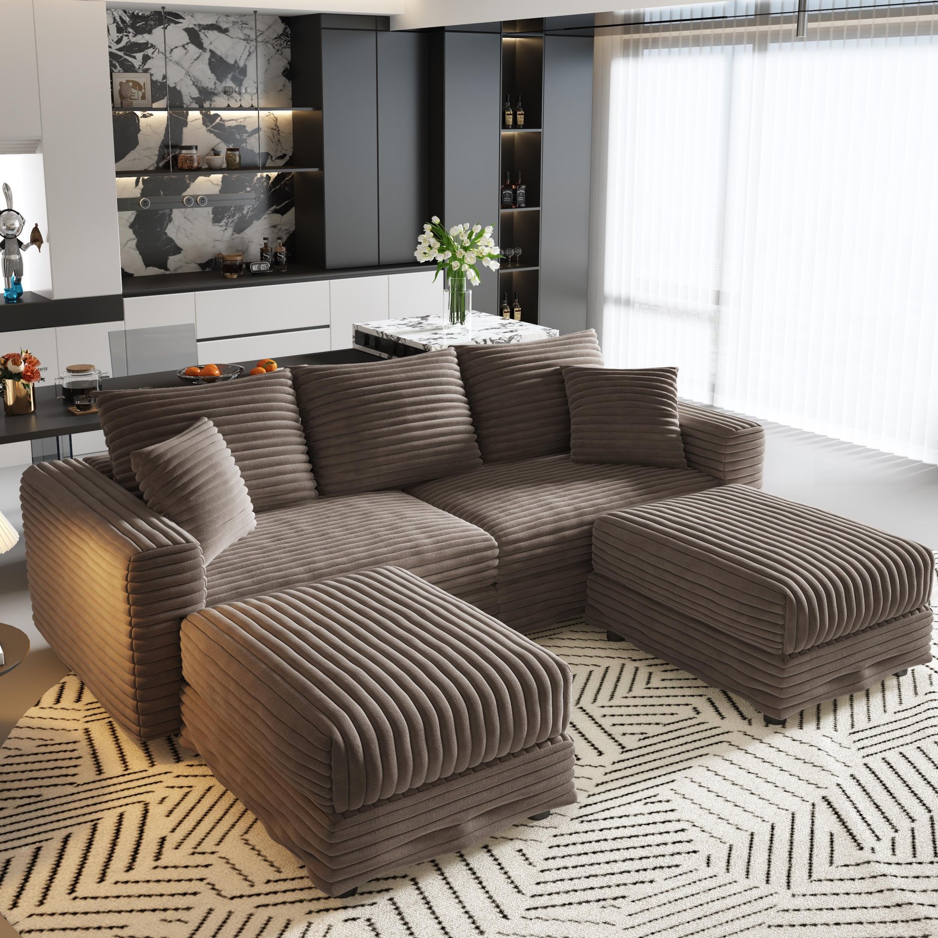 3 Seat Sofa, Deep Seat Couches With Soft Pillows And 2 Ottomans, Convertible Sofa Lounge Chair, For Living Room - Camel - Image 15