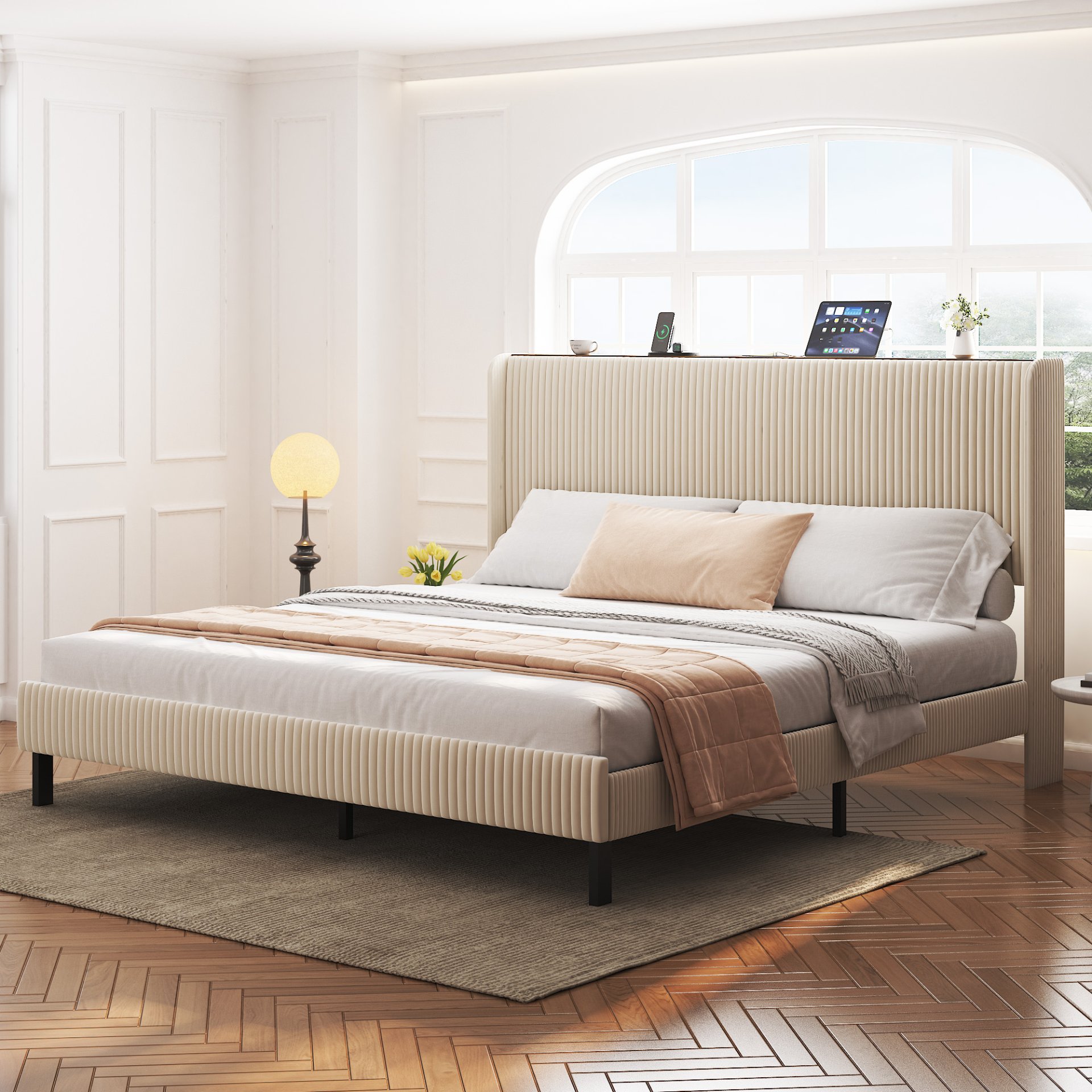 King Size Platform Bed, Metal Frame With Charging Station - Beige - Image 4