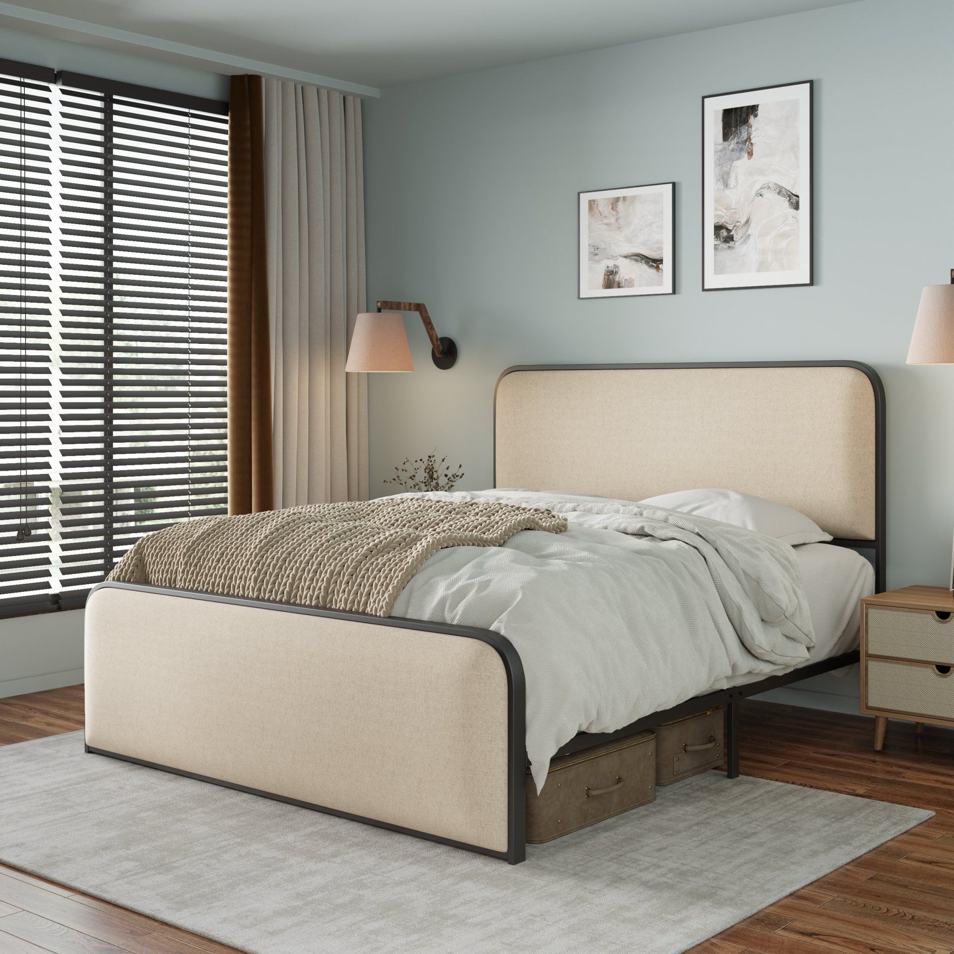 Modern Metal Bed Frame With Curved Upholstered Headboard And Footboard Bed With Under Bed Storage, Heavy Duty Metal Slats, King Size - Beige - Image 2