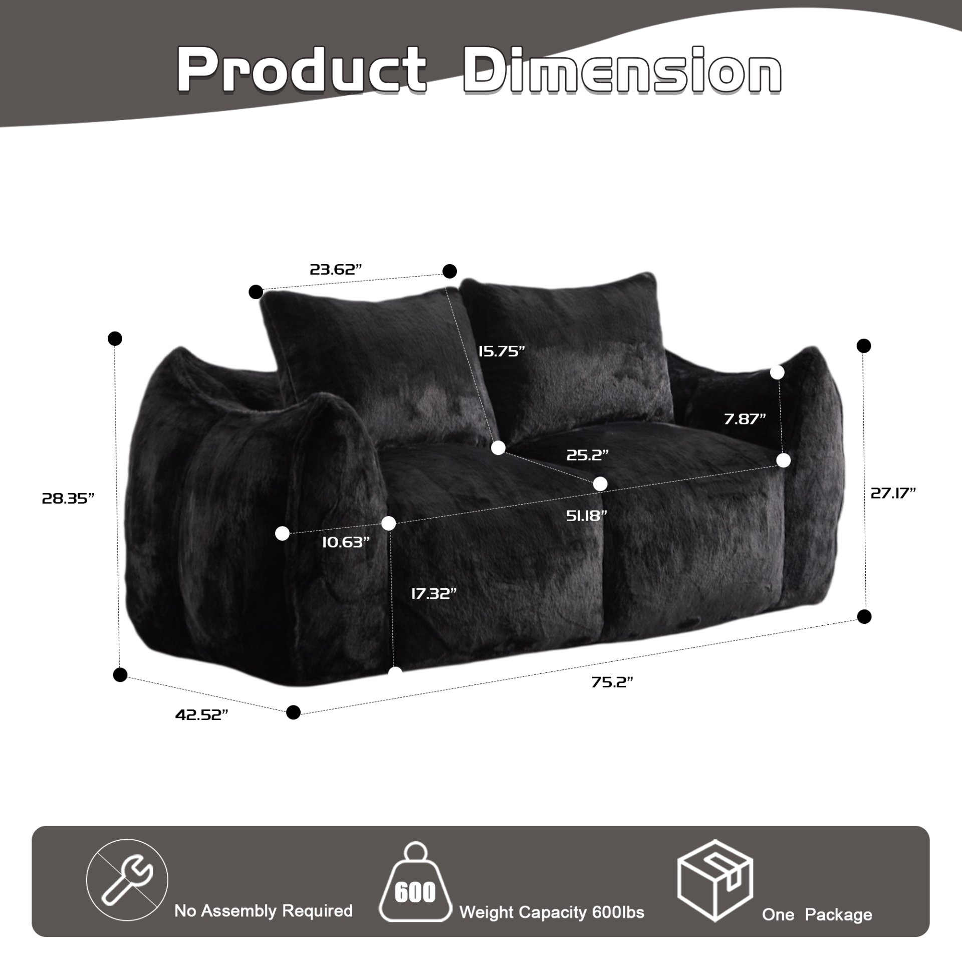 Giant Bean Bag Couch, Ultra Soft Fluffy Loveseat For Living Room Reading Chair With Pillows - Black - Image 3