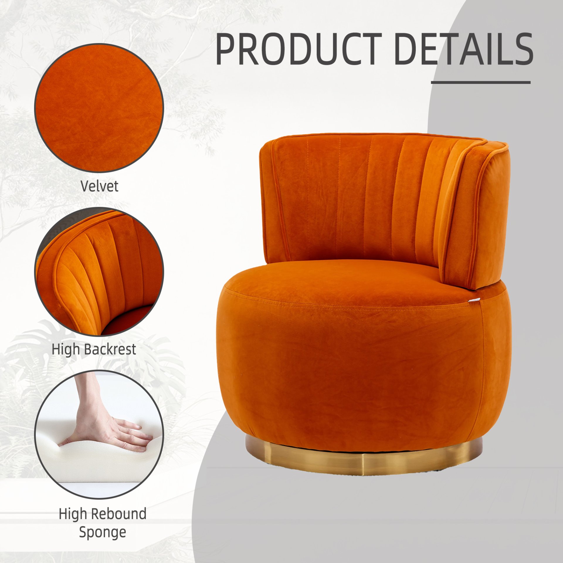 360 Degree Swivel Cuddle Barrel Accent Sofa Chair, Fluffy Round Armchair - Orange - Image 5