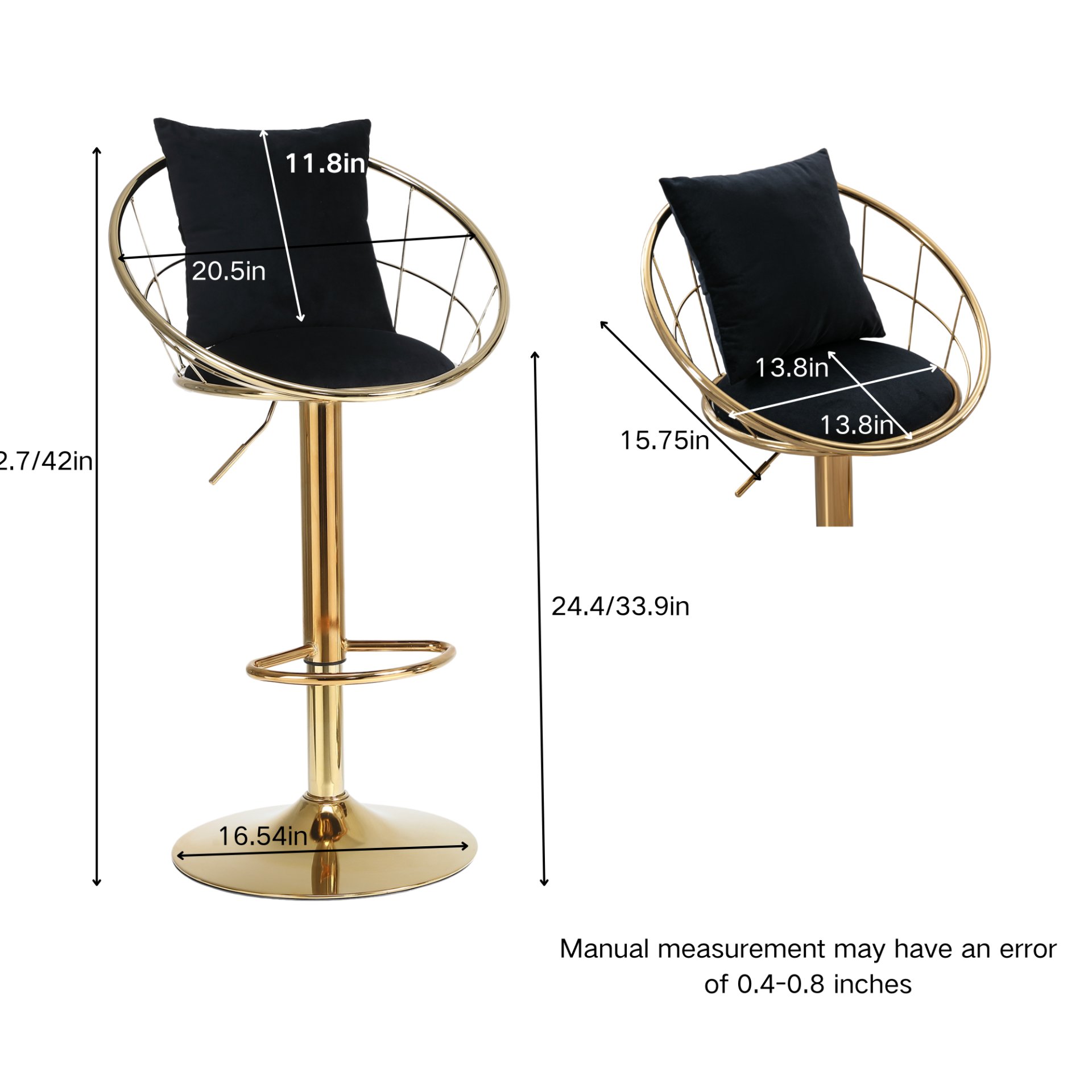 Velvet Bar Chair, Pure Gold Plated, Unique Design, 360 Degree Rotation, Adjustable Height, Suitable For Dining Room And Bar, (Set of 2) - Black - Image 3