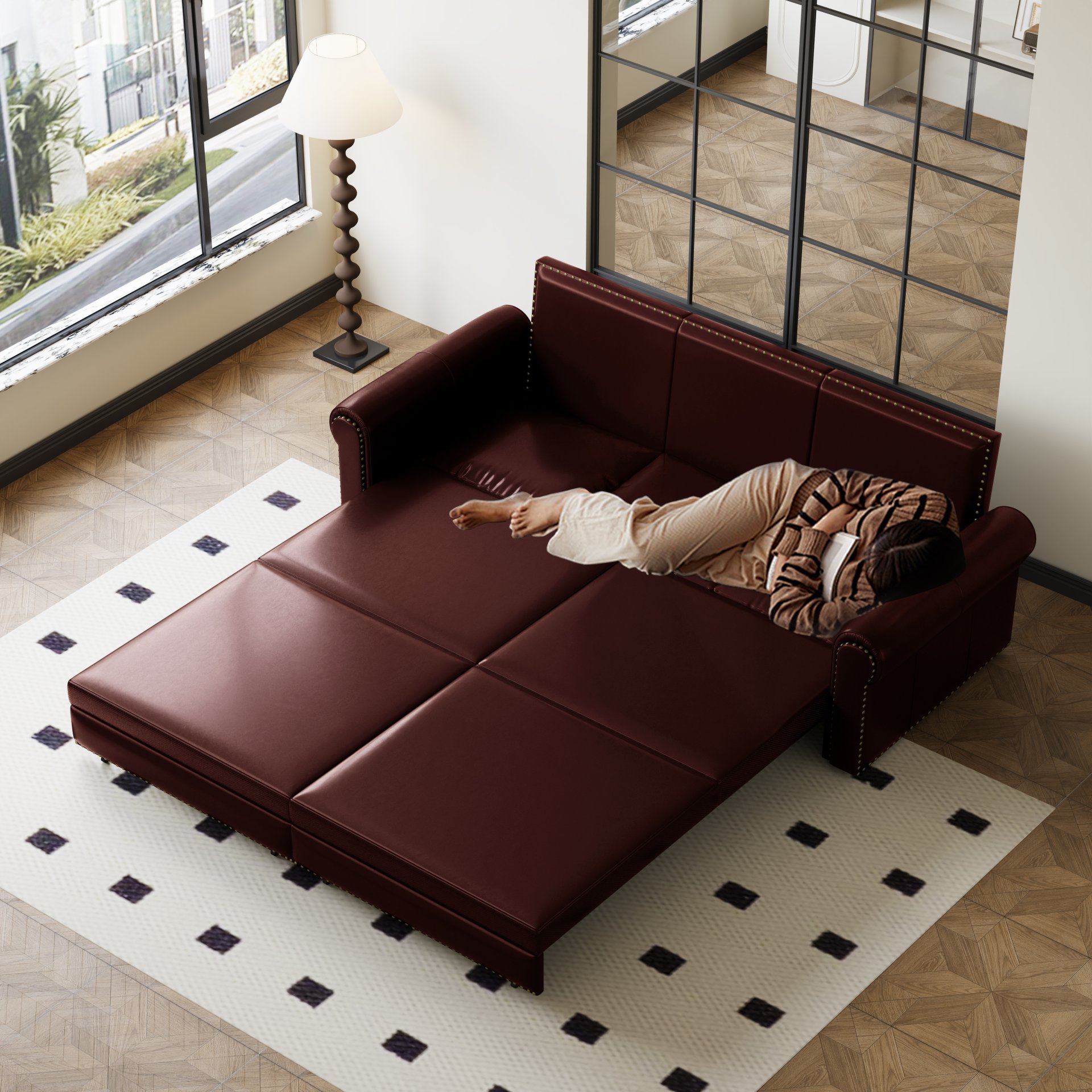 Pull Out Sofa Bed, 3 In 1 Convertible Sleeper Sofa With Nailhead Trim & Rolled Arm, Multi Functional Sofa Bed For Living Room, Bedroom, Apartment, Office - Burgundy - Image 8