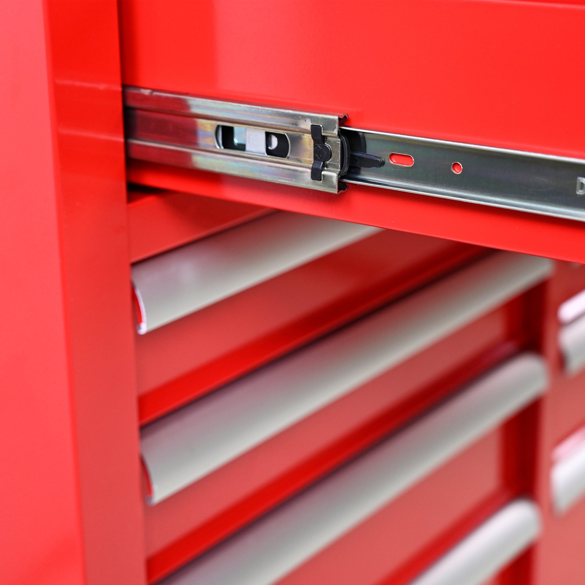 9 Drawer Multifunctional Steel Tool Cart With Wheels And Wooden Top - Red - Image 8