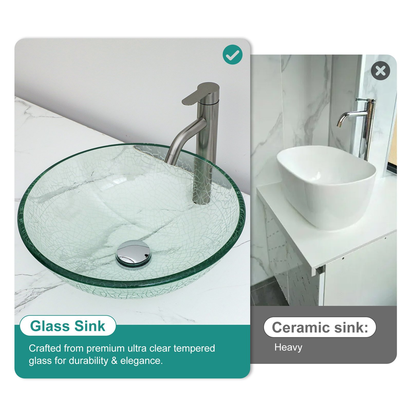 Crackle Vessel Sink, Round Bowl With Pop Up Drain - Clear - Image 2